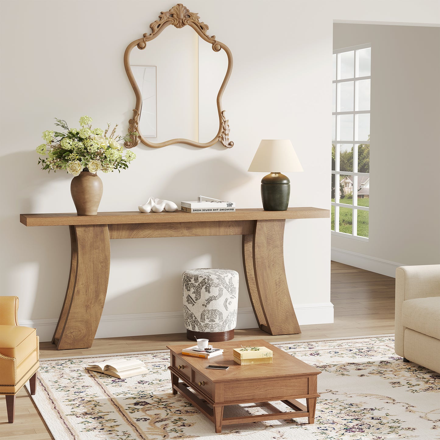 70.9-Inch Wood Console Table for Entryway Living Room, Extra Long Rectangular Natural Sofa Tables with Farmhouse Wooden Curved Base for Home Hallway Couch Foyer Entrance, Light Brown Oak
