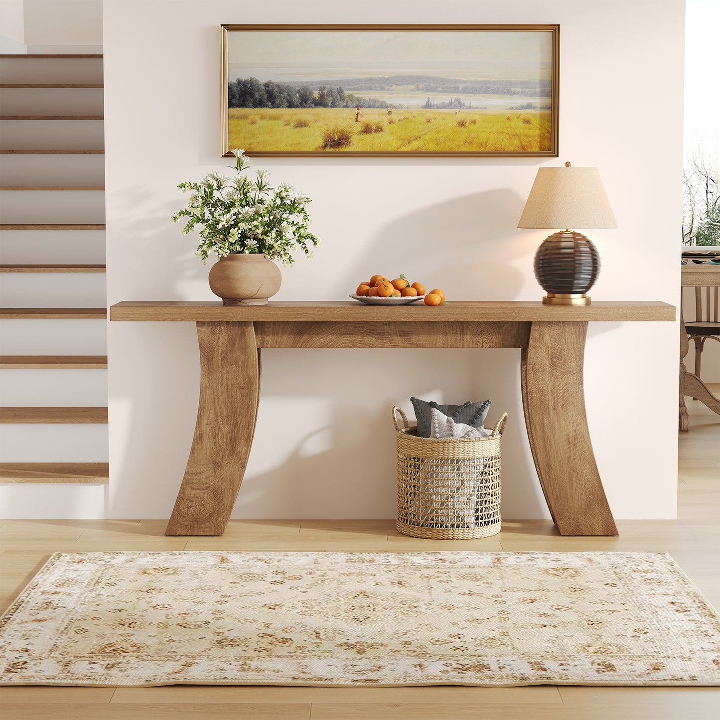 70.9-Inch Wood Console Table for Entryway Living Room, Extra Long Rectangular Natural Sofa Tables with Farmhouse Wooden Curved Base for Home Hallway Couch Foyer Entrance, Light Brown Oak