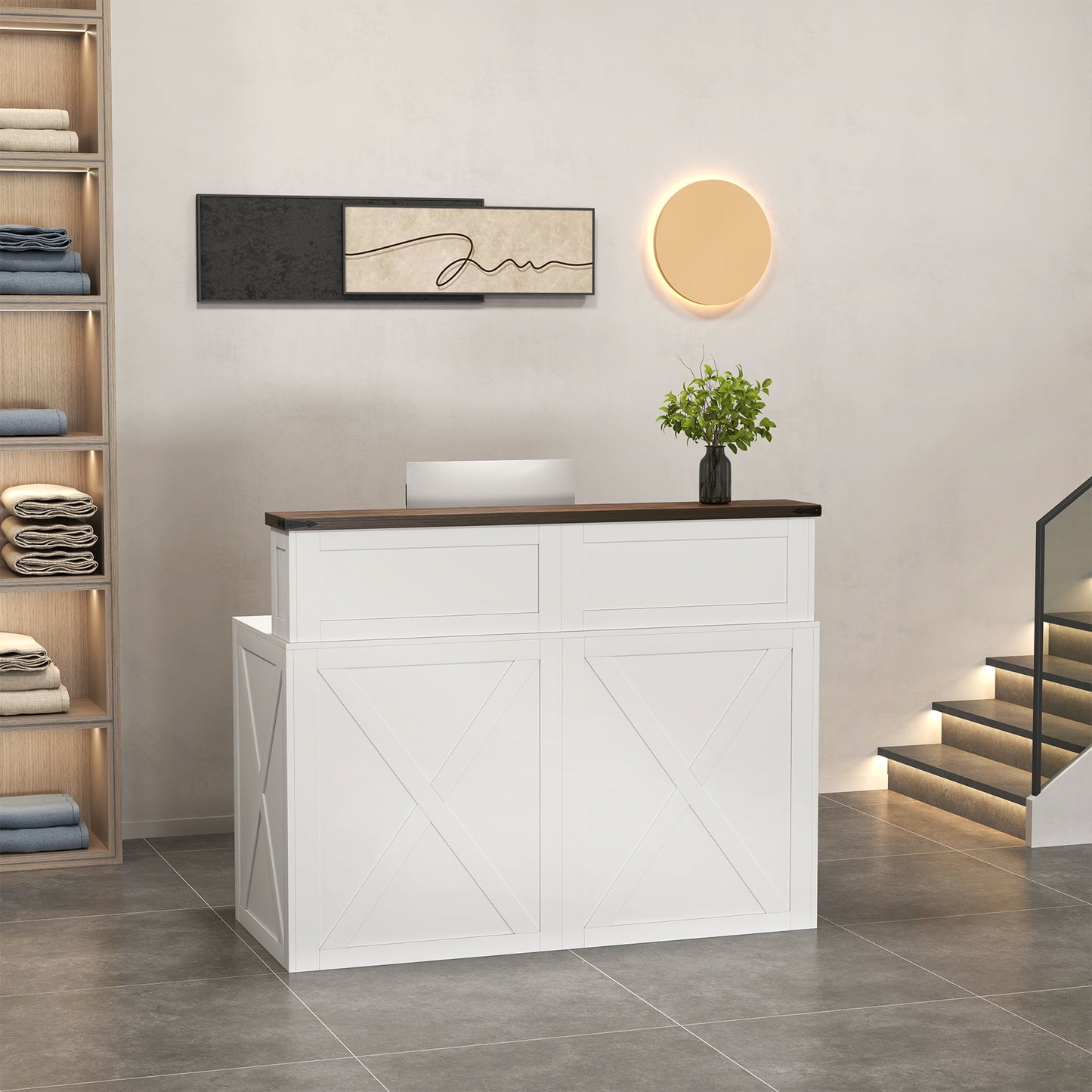 47-Inch Reception Desk with Counter, Modern Front Desk Reception Room Table, Unique Barn Door Home Design Office Receptions Desks Retail Counter for Checkout, Lobby, Beauty Salon, White