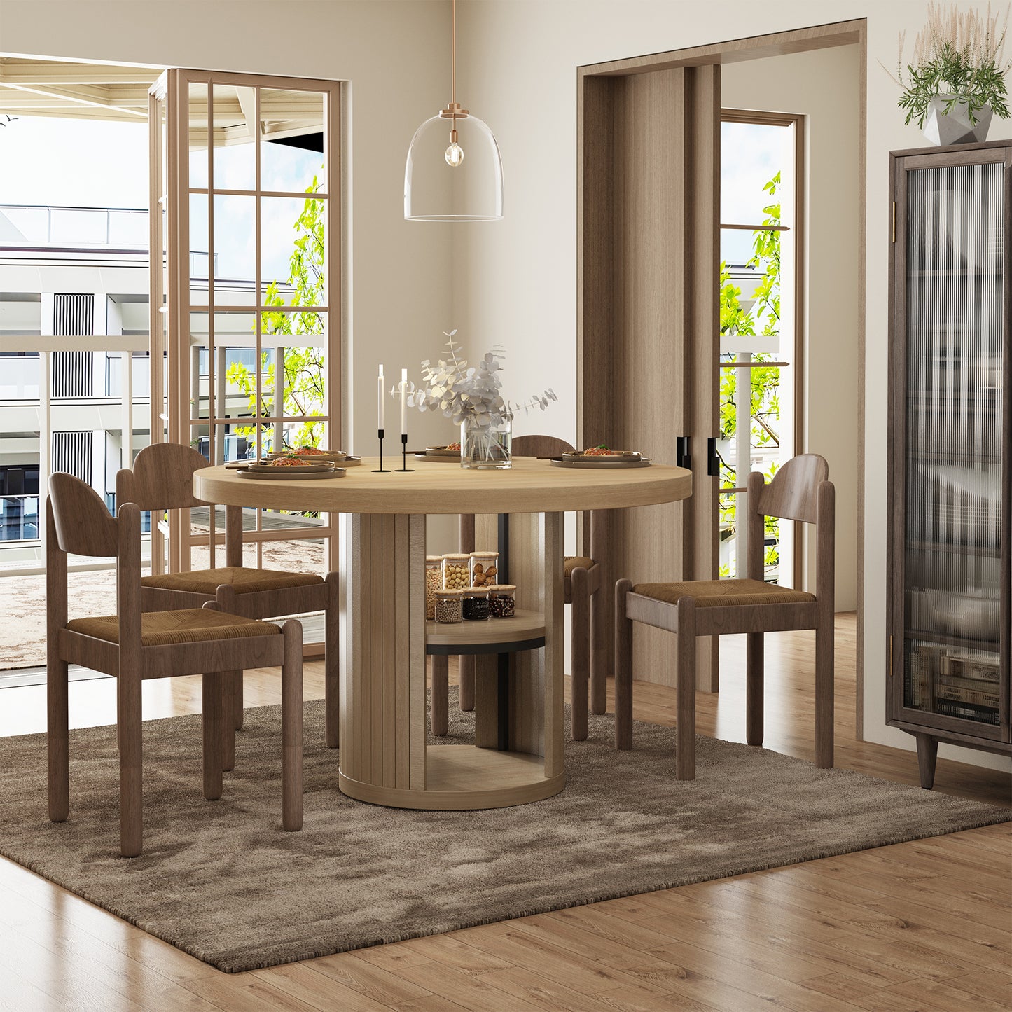 47-Inch Round Wood Dining Table with Open Storage Shelves for Dining Room, 4-6 People Farmhouse Circle Kitchen Dinner Tables with Fluted Design for Living Room, Apartments, Light Oak Brown