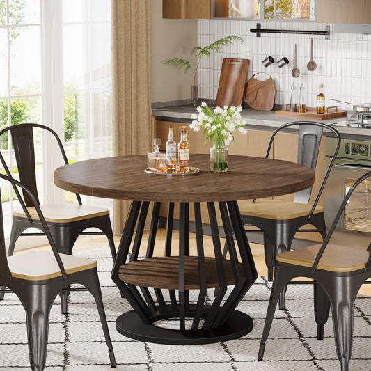 47-Inch Round Industrial Dining Table with Storage Shelf for Dining Room, 4-6 People Circle Kitchen Dinner Tables with Wood Top and Metal Frame for Living Room, Dinner Room, Black Brown Walnut