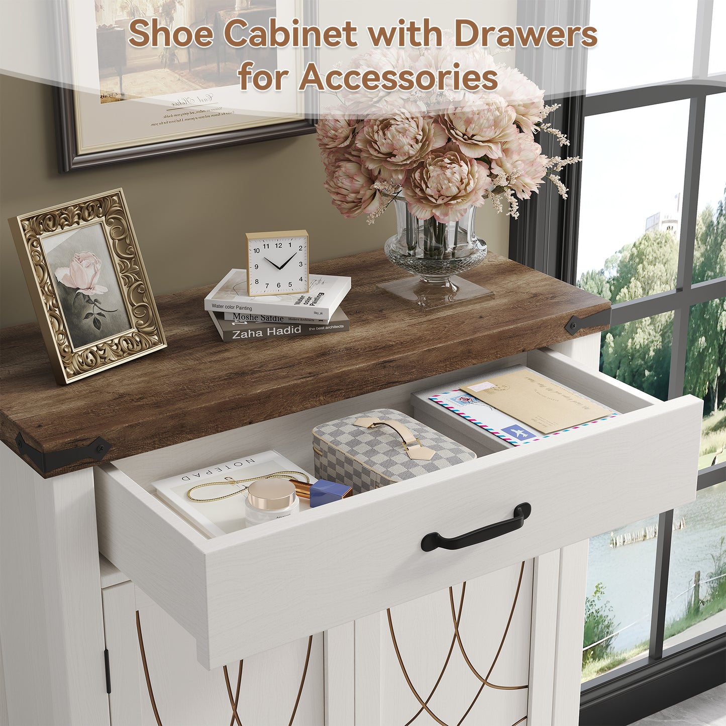White Shoe Cabinet with Storage Shelf and Drawer for Entryway, Farmhouse 20 Pairs Freestanding Shoe Storage Organizer with 5 Tier Adjustable Shelves for Closet Living Room Hallway, Brown White