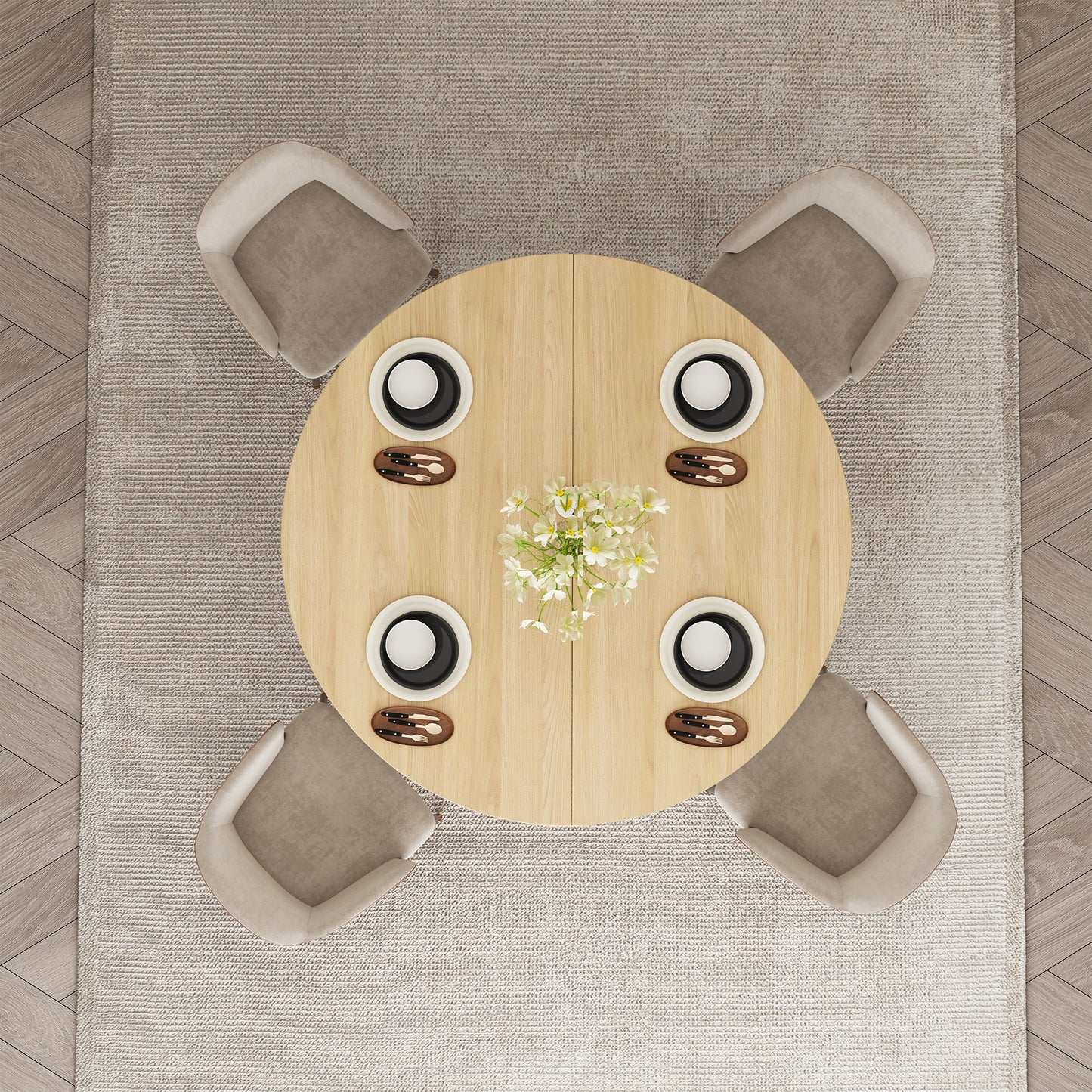 47-Inch Round Wood Dining Table with Open Storage Shelves for Dining Room, 4-6 People Farmhouse Circle Kitchen Dinner Tables with Fluted Design for Living Room, Apartments, Light Oak Brown