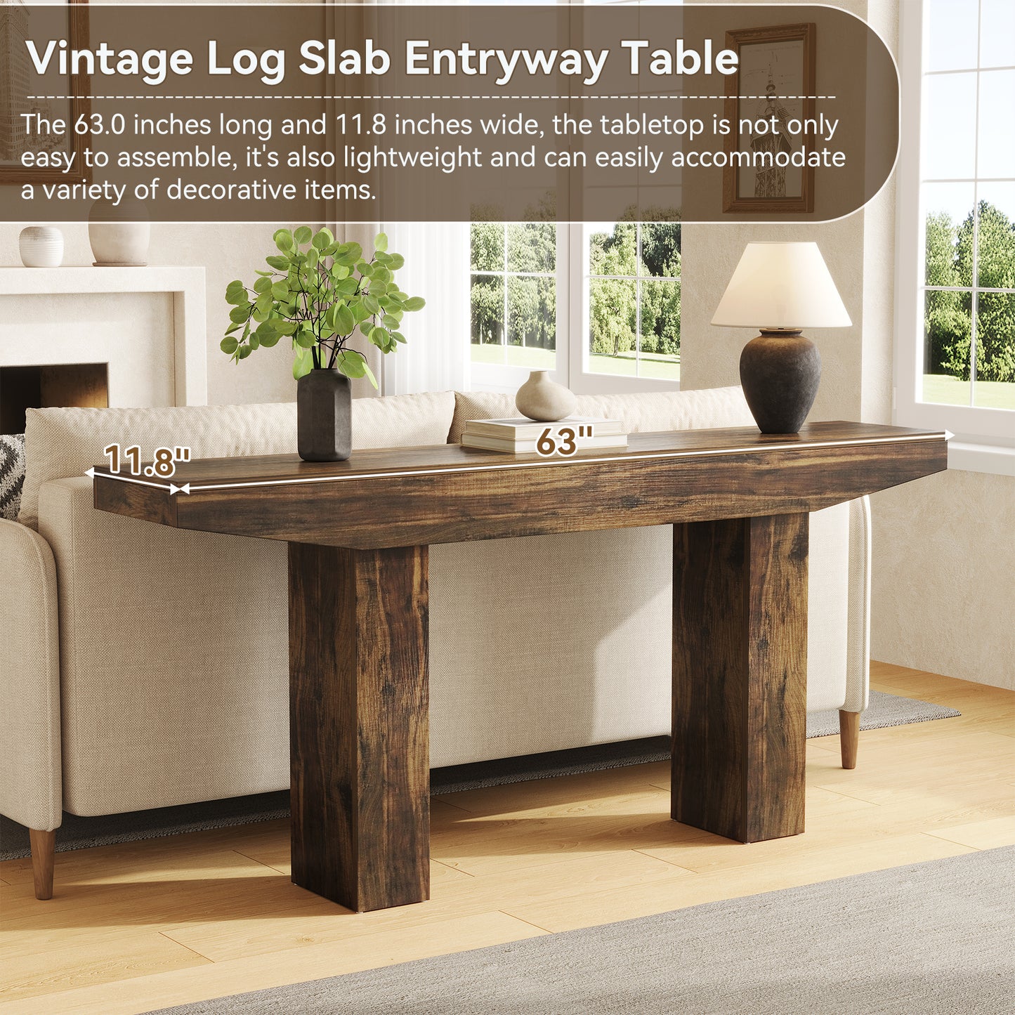 63-Inch Wood Console Table for Entryway Living Room, Long Rectangular Sofa Tables with Farmhouse Wooden Simple Base for Home Hallway Couch Foyer Entrance, Rustic Brown, Easy Assembly