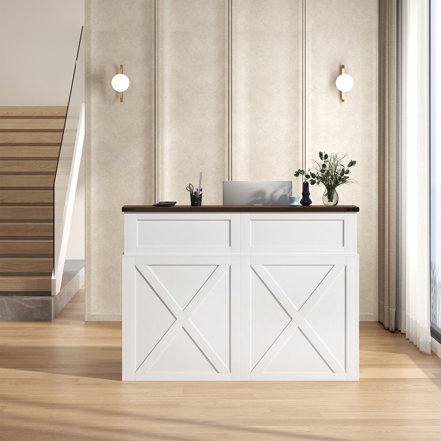 47-Inch Reception Desk with Counter, Modern Front Desk Reception Room Table, Unique Barn Door Home Design Office Receptions Desks Retail Counter for Checkout, Lobby, Beauty Salon, White