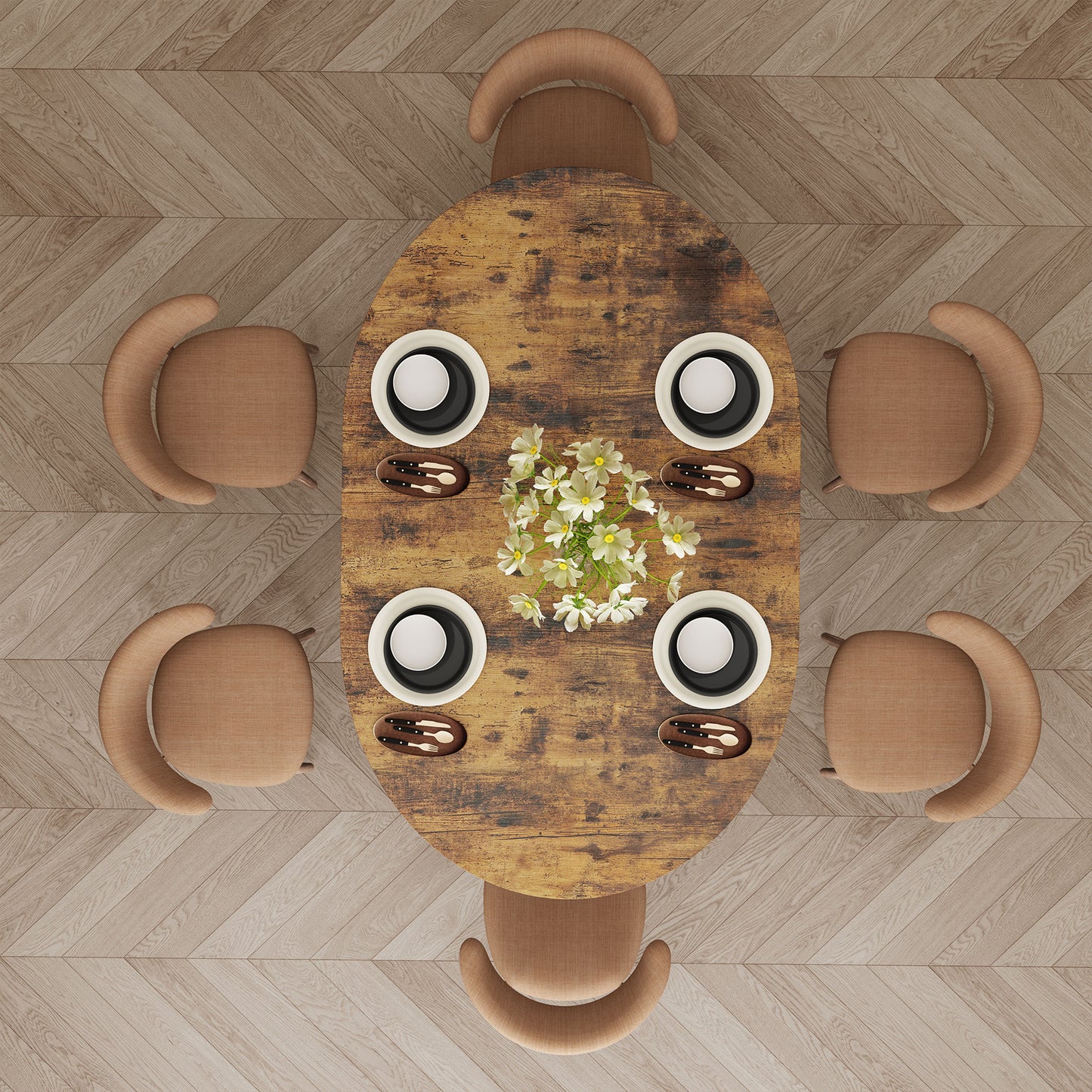 59-Inch Extendable Round Dining Table for Dining Room, 4-6 People Large Expandable Kitchen Dinner Tables with Oval Wood Top and Industrial Metal Frame for Dinner Room, Small Space, Black Rustic Brown