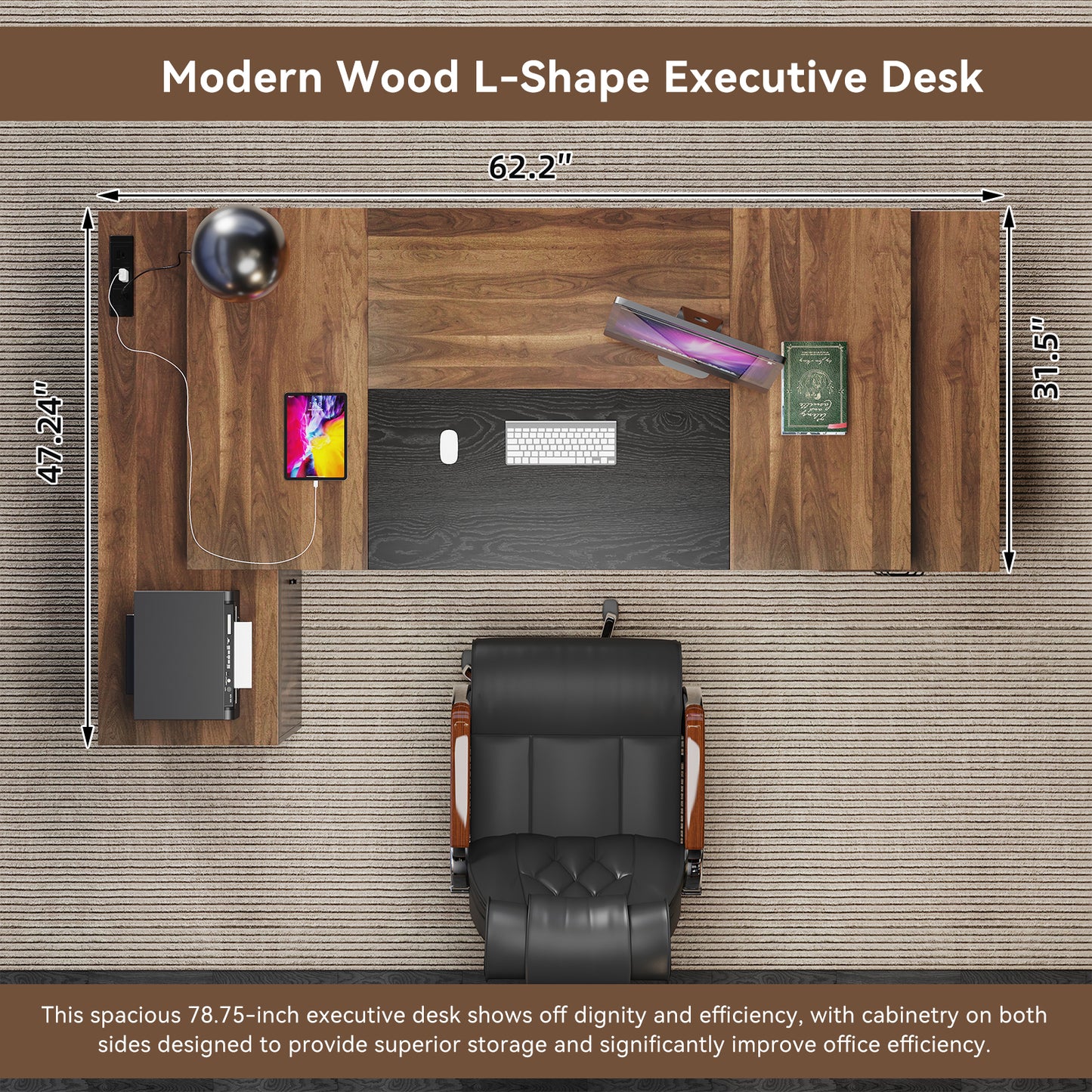 L-Shaped Executive Desk with Power Outlet, 78-Inch Large Office Desk with Drawer and Lateral File Cabinet, Modern Computer Table with Open Shelf and Storage Cabinet for Home Office Study, Brown Black