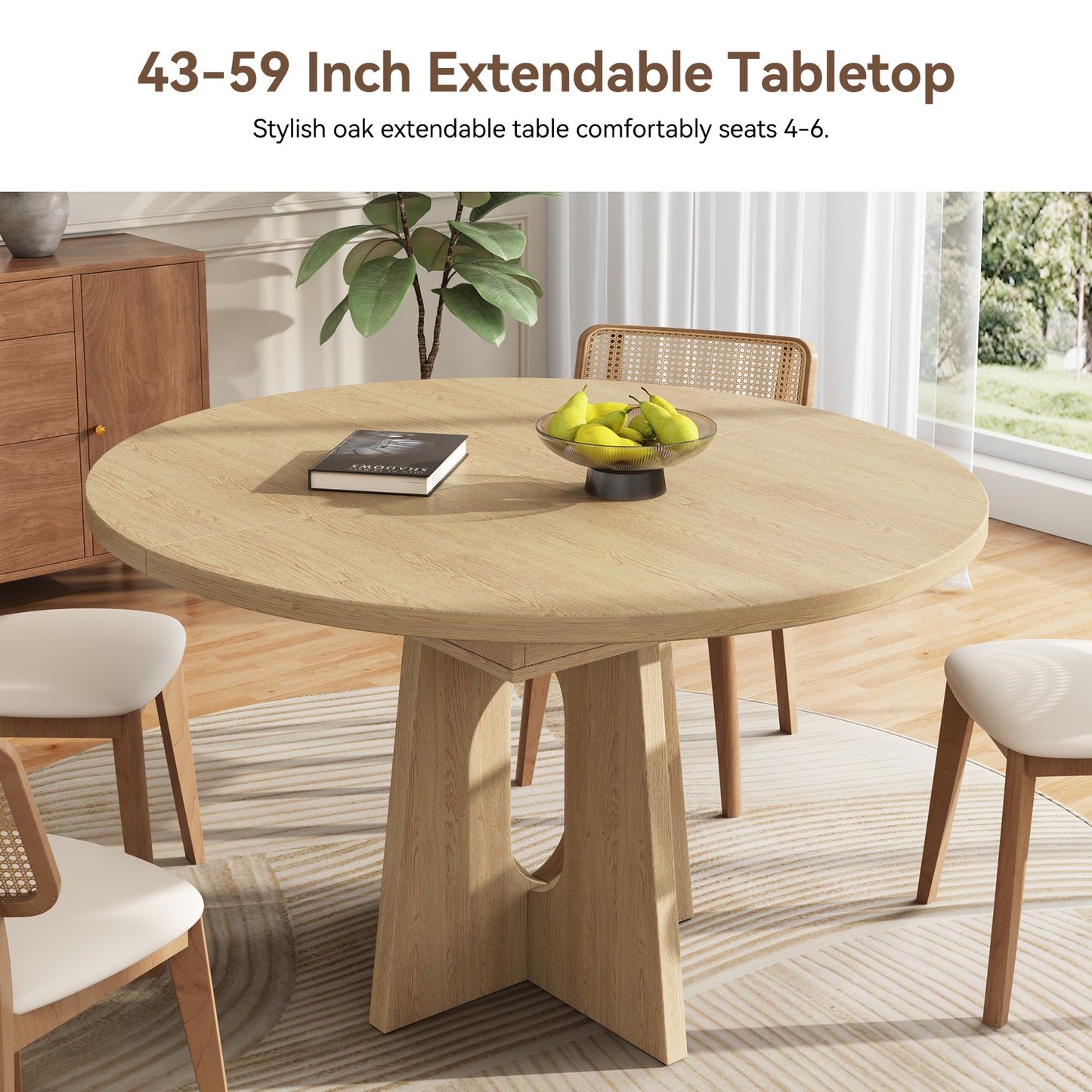 59-Inch Extendable Round Dining Table for Dining Room, 4-6 People Farmhouse Oval Wood Expandable Kitchen Dinner Table with Heavy Cross Pedestal for Living Room, Apartment, Light Oak