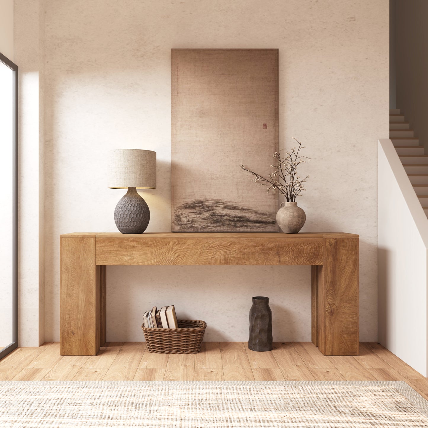 Extra Long Sofa Console Table for Entryway Living Room, 80-Inch Farmhouse Wood Behind Couch Table, Rectangular Accent Console with Wooden Double Base for Hallway Foyer Entrance, Natural Oak Brown