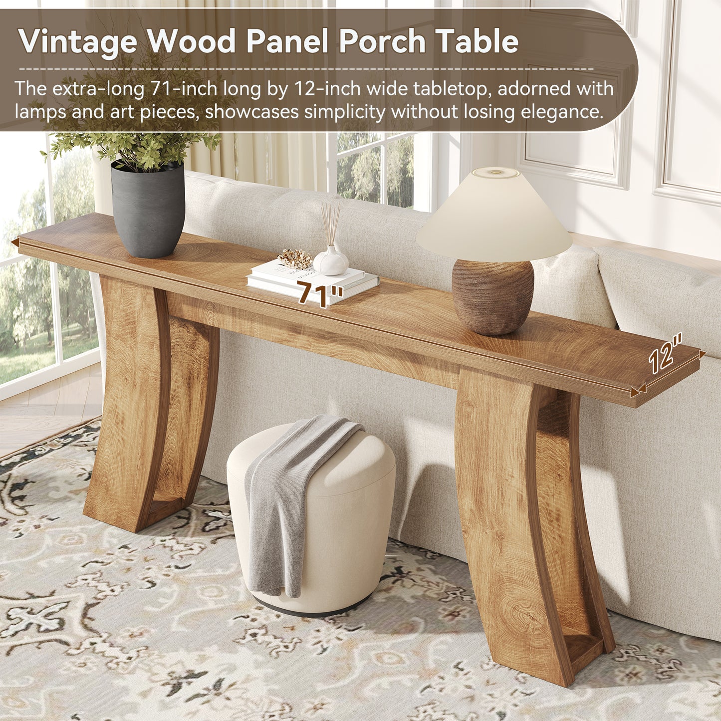 70.9-Inch Wood Console Table for Entryway Living Room, Extra Long Rectangular Natural Sofa Tables with Farmhouse Wooden Curved Base for Home Hallway Couch Foyer Entrance, Light Brown Oak