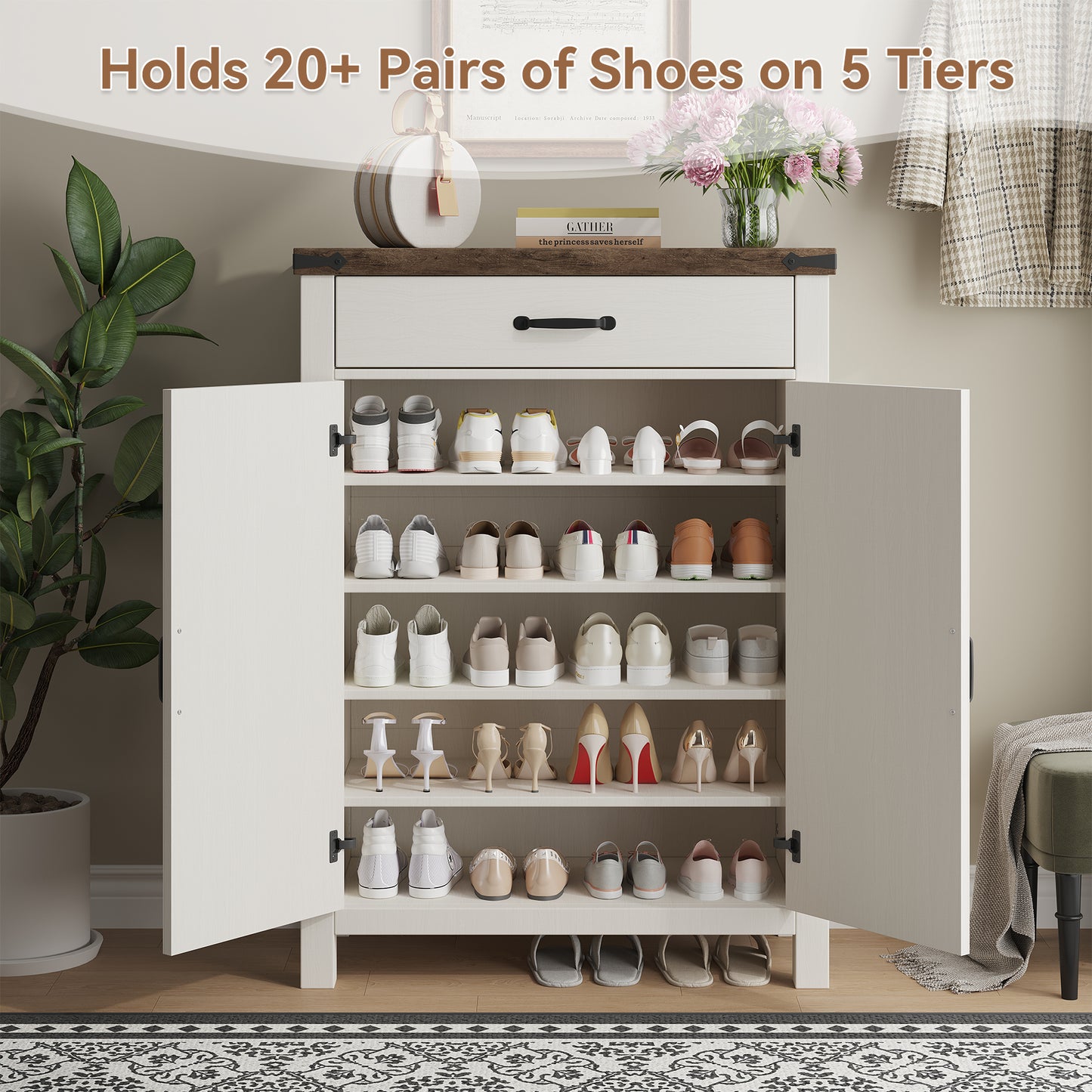 White Shoe Cabinet with Storage Shelf and Drawer for Entryway, Farmhouse 20 Pairs Freestanding Shoe Storage Organizer with 5 Tier Adjustable Shelves for Closet Living Room Hallway, Brown White