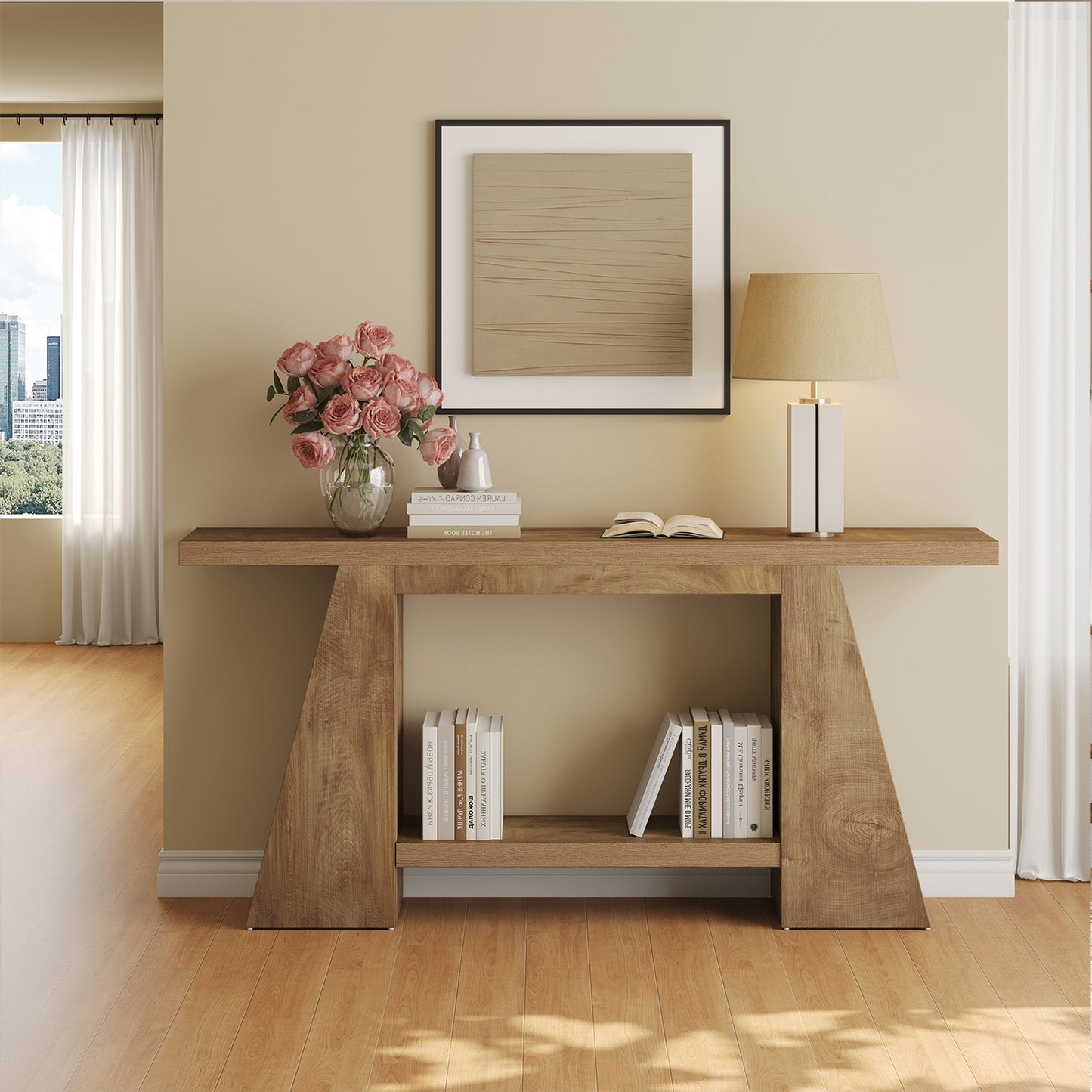 63-Inch Wood Console Table with Shelf for Living Room Entryway, 2-Tier Wooden Sofa Tables with Long Open Storage Shelf for Hallway Behind Couch, Oak Brown