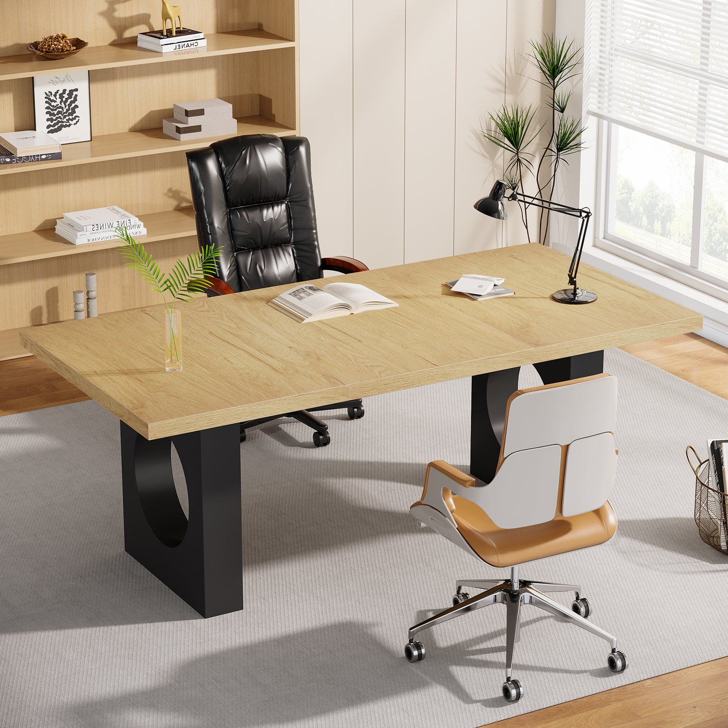 70.9-Inch Executive Computer Desk for Home Office, Modern Simple Large Office Desks Laptop Workstation, Writing Table with Wide Wood Tabletop and Painted Sled Base for Study, Black Brown Oak