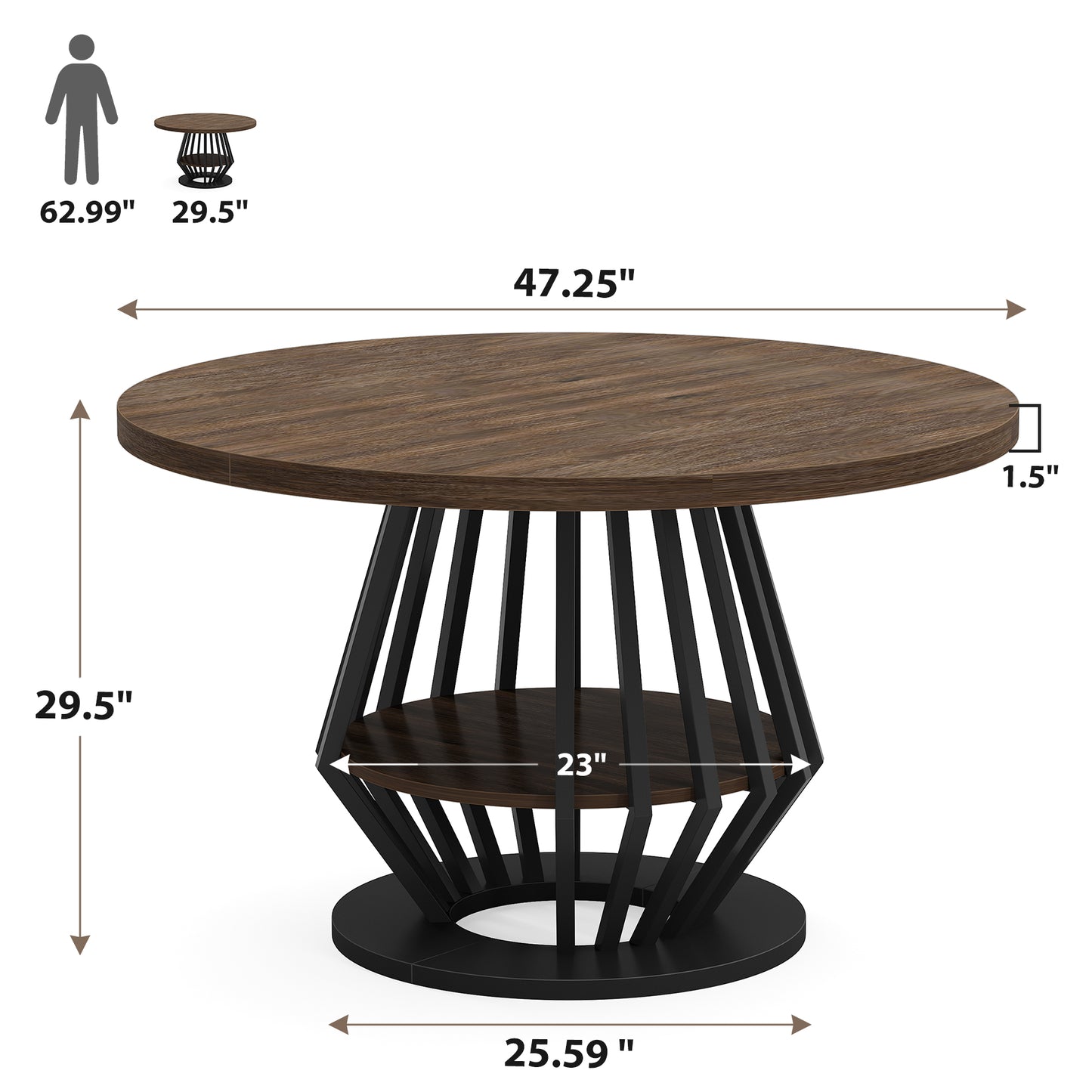 47-Inch Round Industrial Dining Table with Storage Shelf for Dining Room, 4-6 People Circle Kitchen Dinner Tables with Wood Top and Metal Frame for Living Room, Dinner Room, Black Brown Walnut