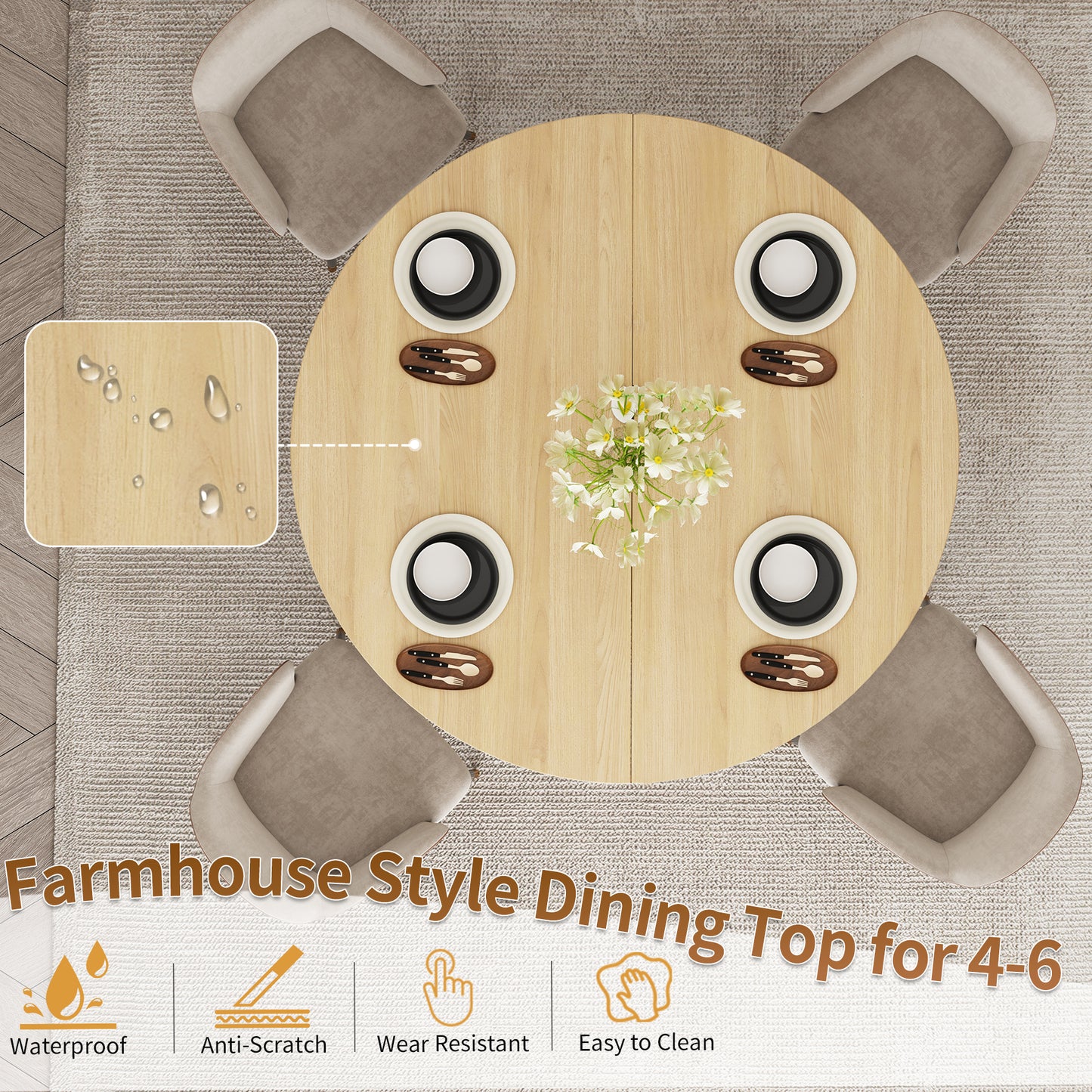 47-Inch Round Wood Dining Table with Open Storage Shelves for Dining Room, 4-6 People Farmhouse Circle Kitchen Dinner Tables with Fluted Design for Living Room, Apartments, Light Oak Brown