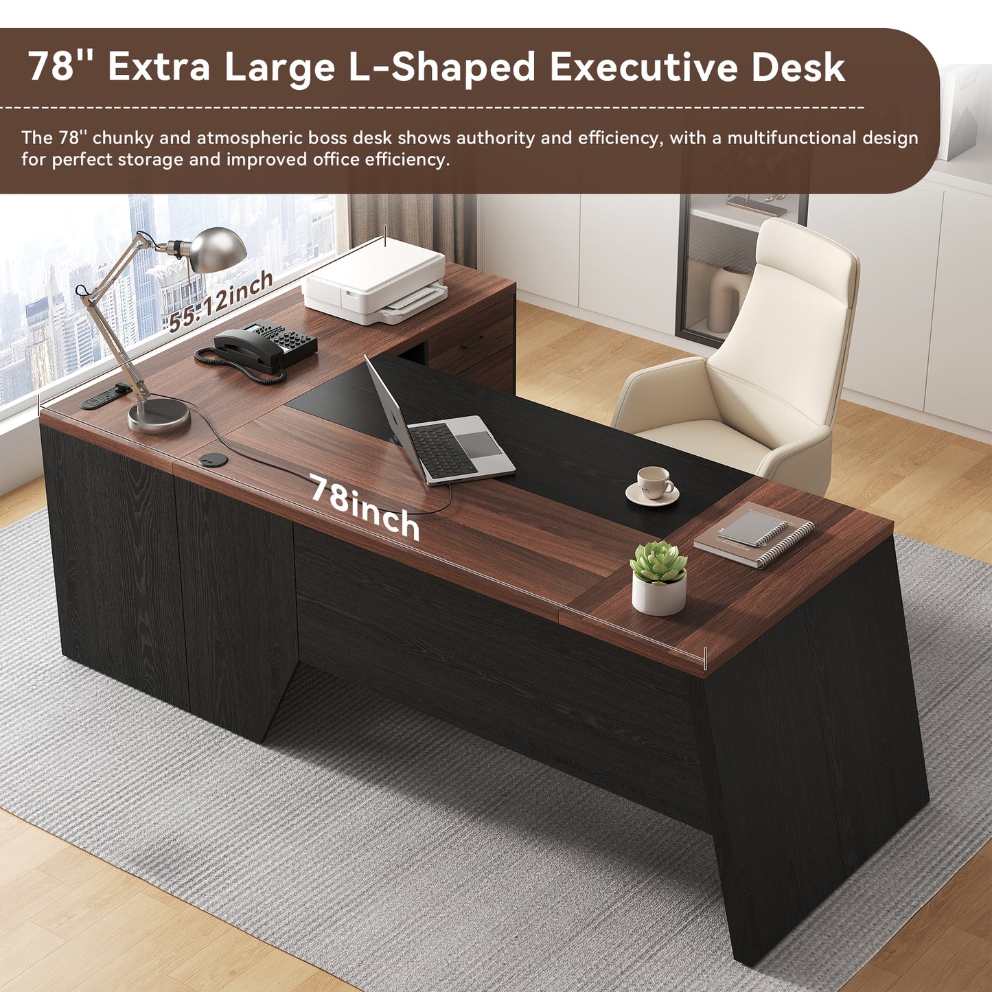 L-Shaped Executive Desk with Power Outlet, 78-Inch Large Office Desk with Storage Drawer and Lateral File Cabinet, Modern Computer Table with Open Shelf and PC Stand for Home Office Study, Brown Black