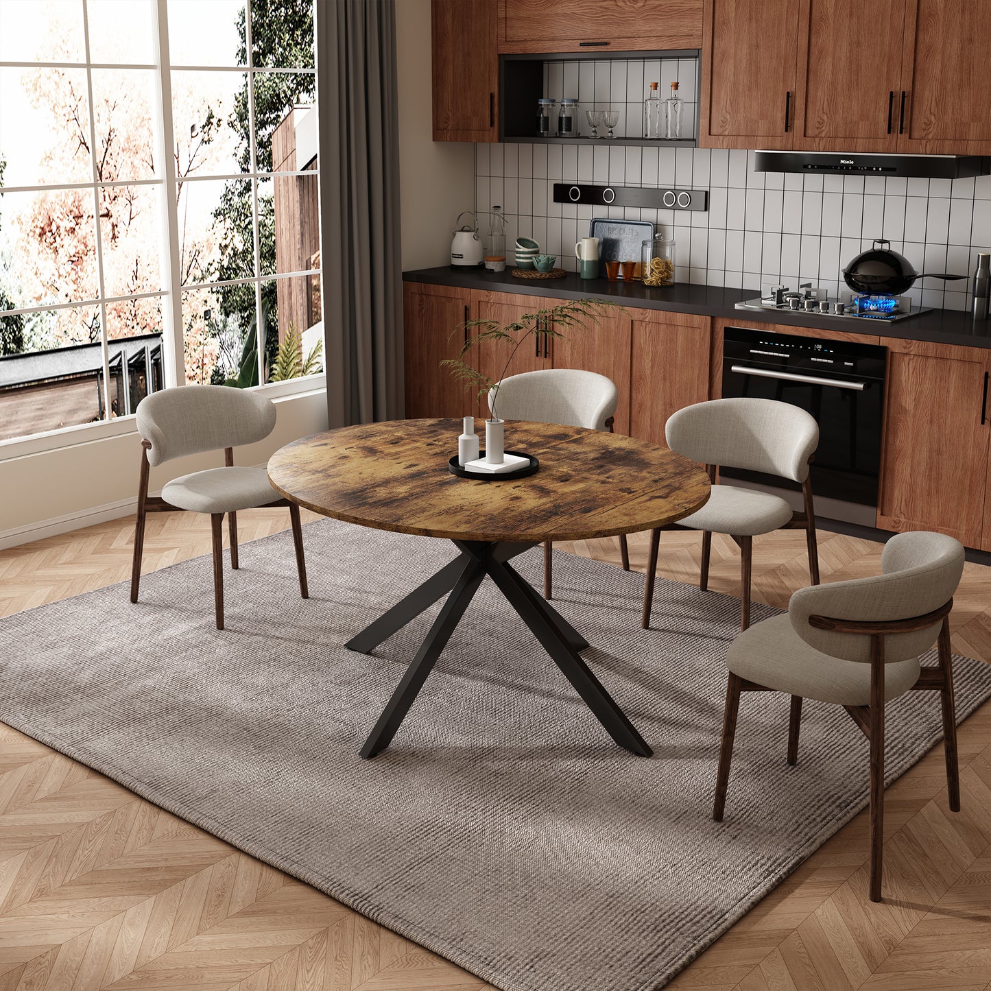 59-Inch Extendable Round Dining Table for Dining Room, 4-6 People Large Expandable Kitchen Dinner Tables with Oval Wood Top and Industrial Metal Frame for Dinner Room, Small Space, Black Rustic Brown