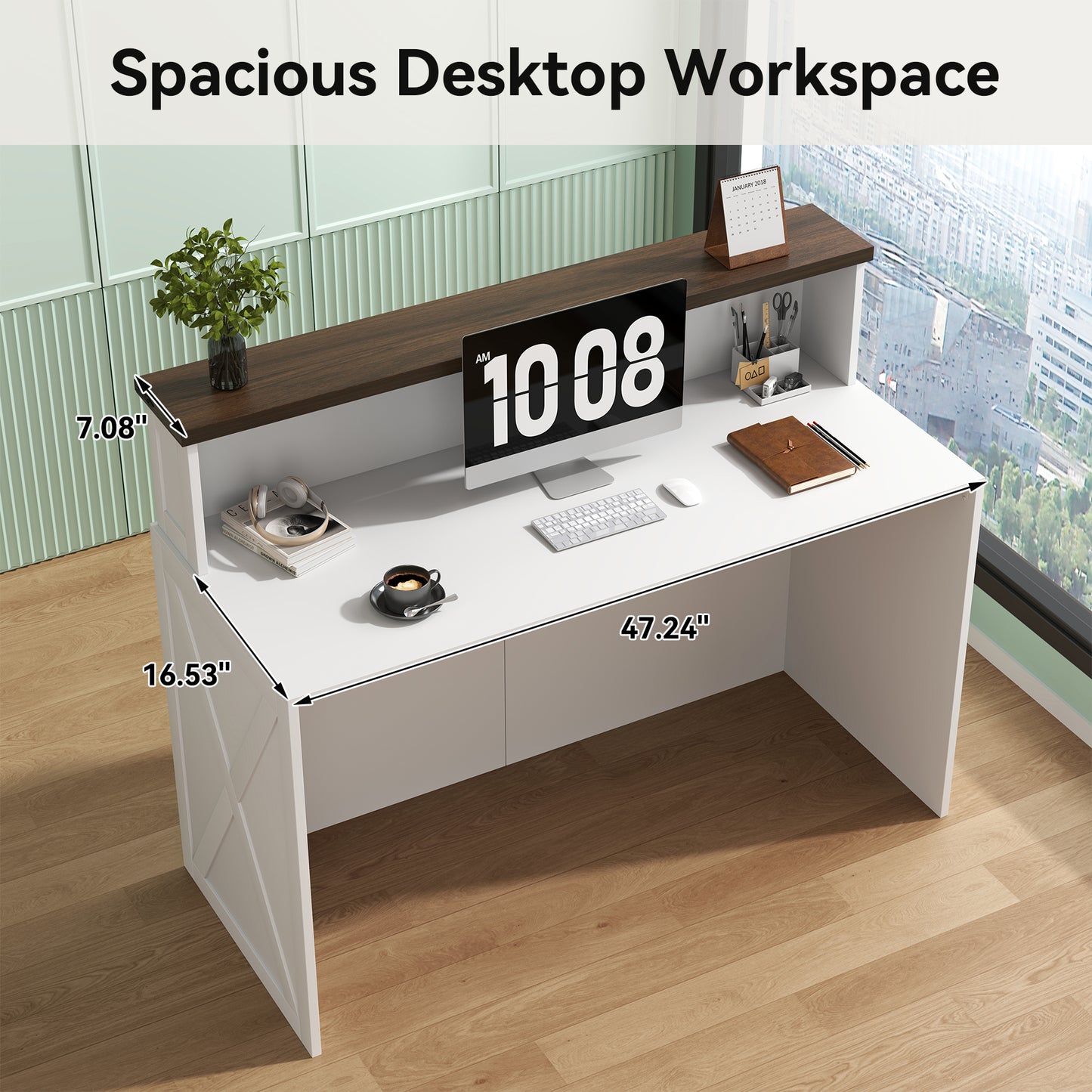 47-Inch Reception Desk with Counter, Modern Front Desk Reception Room Table, Unique Barn Door Home Design Office Receptions Desks Retail Counter for Checkout, Lobby, Beauty Salon, White