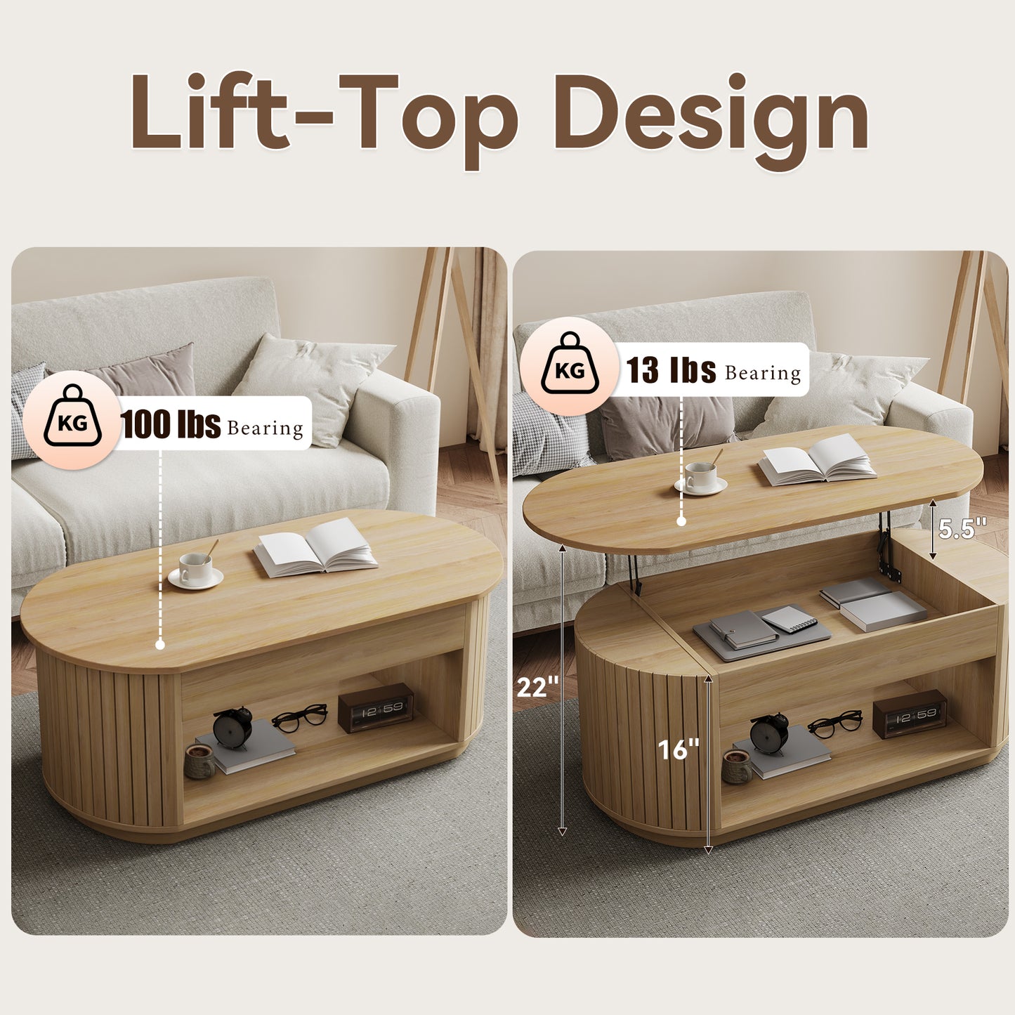 47-Inch Lift Top Wood Coffee Table with Hidden Storage Compartment and Open Shelf for Living Room, Fluted Oval Center Tea Table with Wooden Lift-Top for Apartment, Small Space, Brown
