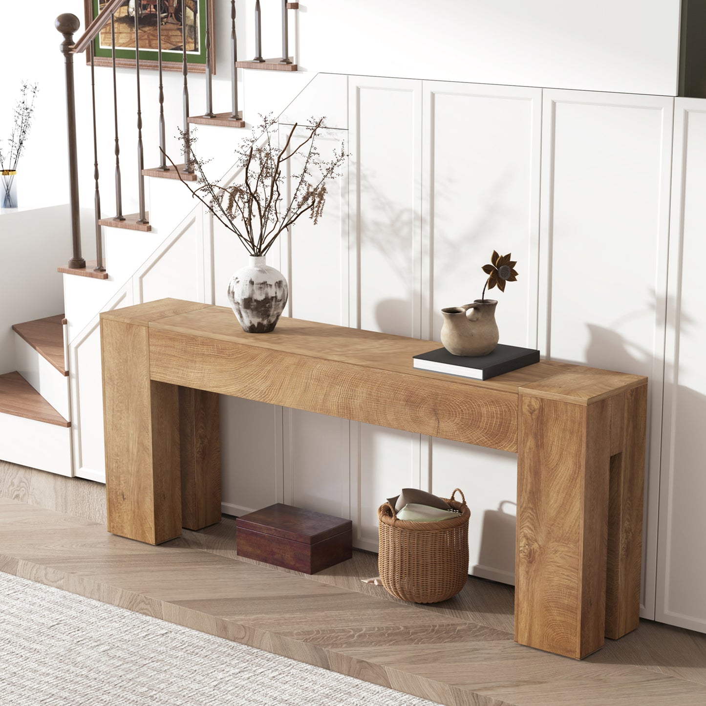 Extra Long Sofa Console Table for Entryway Living Room, 80-Inch Farmhouse Wood Behind Couch Table, Rectangular Accent Console with Wooden Double Base for Hallway Foyer Entrance, Natural Oak Brown
