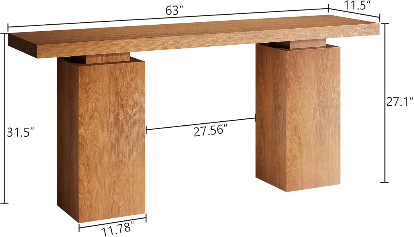 63-Inch Wood Console Table for Entryway, Farmhouse Sofa Tables Behind Couch with Wooden Grain Finish and Double Pedestal Base for Living Room, Home Hallway, Apartment Foyer, Rustic Oak Brown