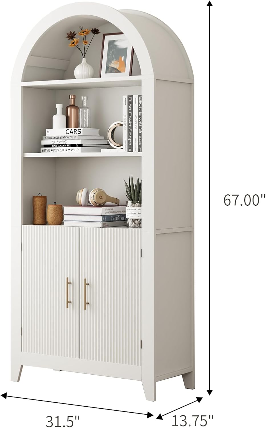 69-Inch Arched Bookcase with Fluted Doors and Open Storage Shelves for Living Room, Modern 5-Tier Tall Bookshelf Floor Standing Display Unit with Storage Cabinet for Home Office, Study, White