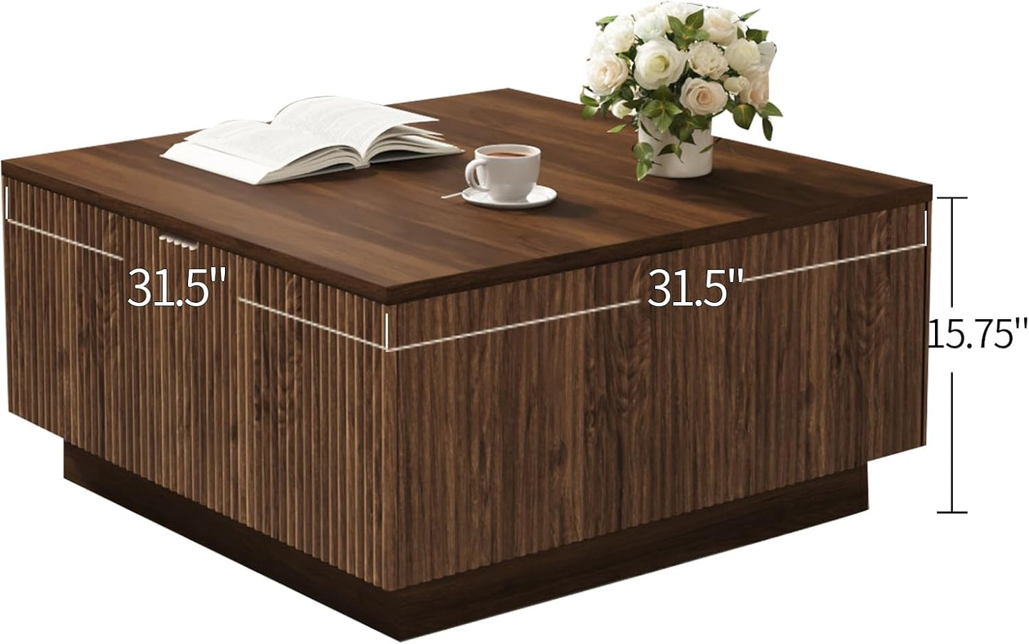Lift Top Square Wood Coffee Table with Hidden Storage Compartment for Living Room, 31-Inch Farmhouse Fluted Center Tea Table with Wooden Lift-Top for Home, Apartment, Small Space, Brown Walnut