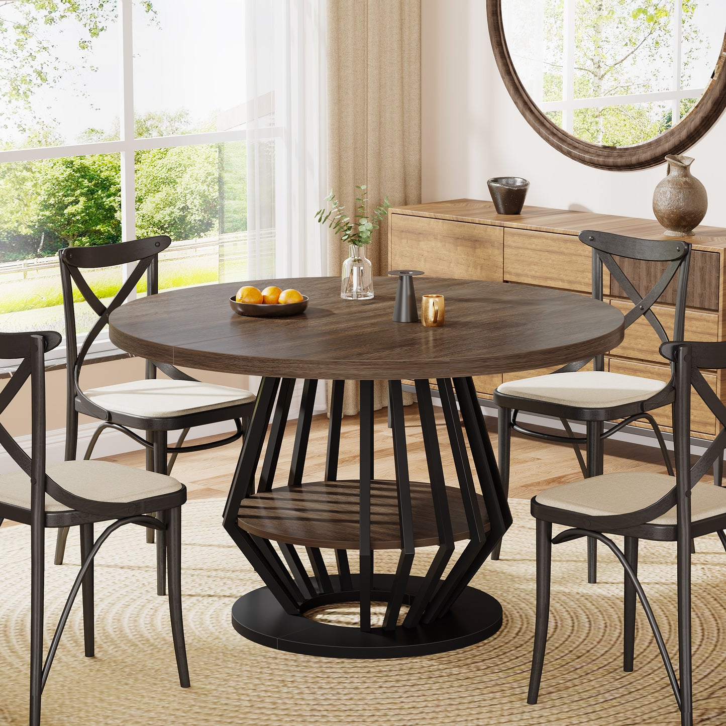 47-Inch Round Industrial Dining Table with Storage Shelf for Dining Room, 4-6 People Circle Kitchen Dinner Tables with Wood Top and Metal Frame for Living Room, Dinner Room, Black Brown Walnut