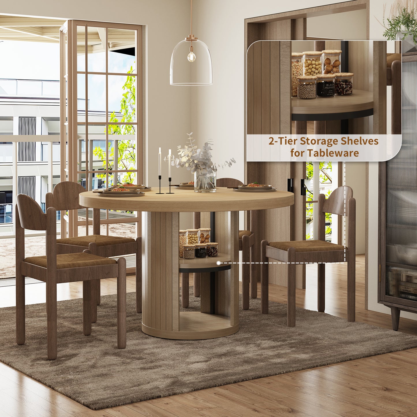 47-Inch Round Wood Dining Table with Open Storage Shelves for Dining Room, 4-6 People Farmhouse Circle Kitchen Dinner Tables with Fluted Design for Living Room, Apartments, Light Oak Brown