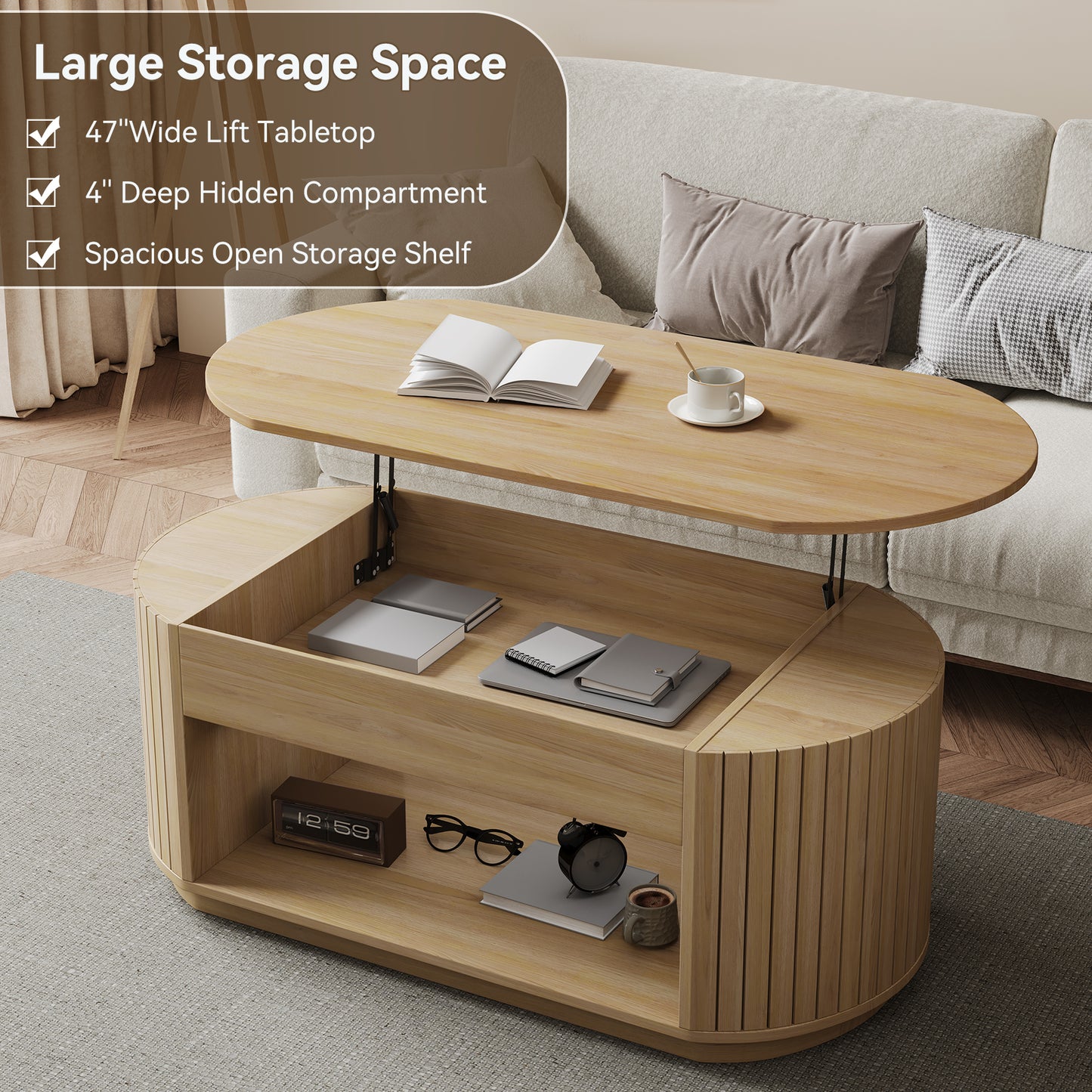 47-Inch Lift Top Wood Coffee Table with Hidden Storage Compartment and Open Shelf for Living Room, Fluted Oval Center Tea Table with Wooden Lift-Top for Apartment, Small Space, Brown