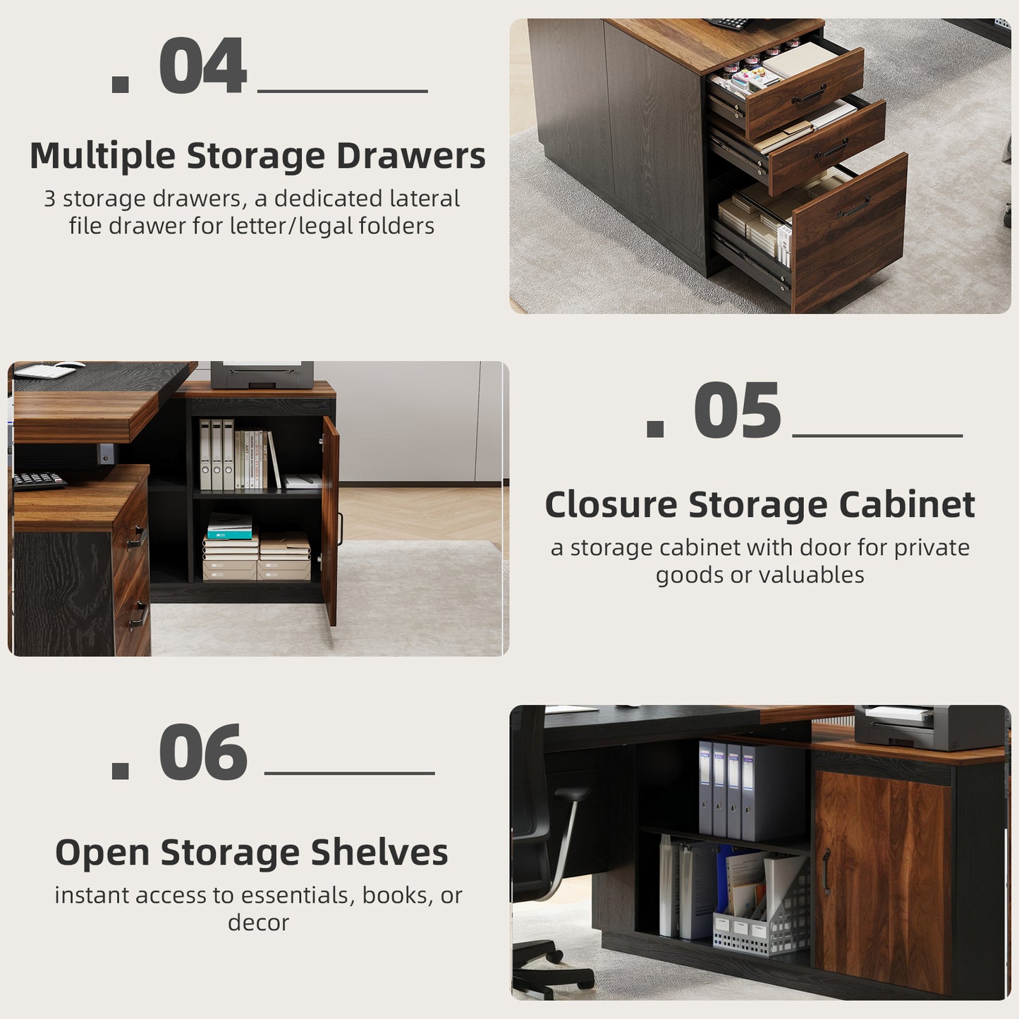 L-Shaped Executive Desk with Power Outlet, 78-Inch Large Office Desk with Drawer and Lateral File Cabinet, Modern Computer Table with Open Shelf and Storage Cabinet for Home Office Study, Brown Black