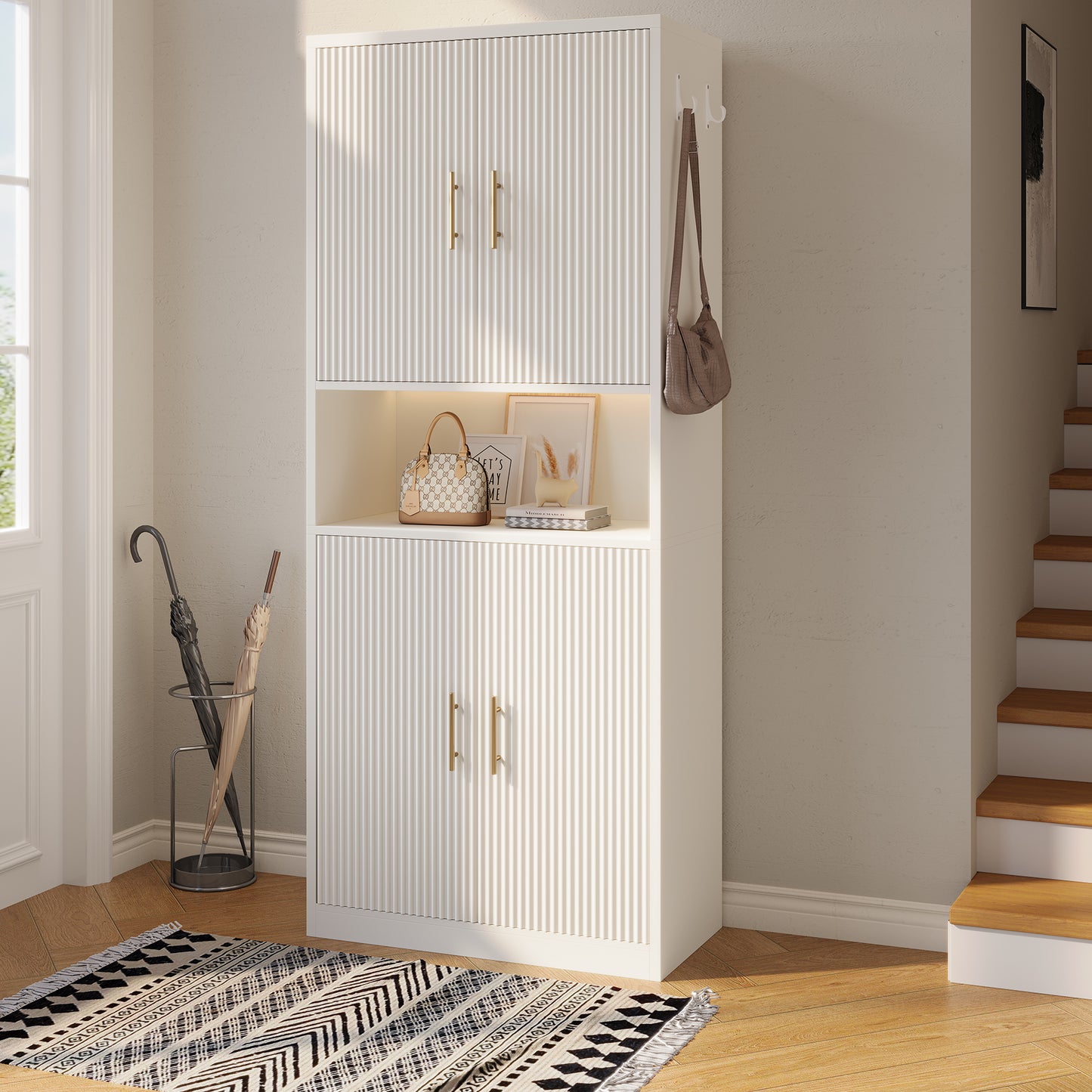 66-Inch Tall Shoe Cabinet with Fluted Door and LED Light for Entryway, Modern Large 9-Tier Freestanding Shoe Storage Organizer with Adjustable Shelves Open Shelf for Closet, Living Room, White