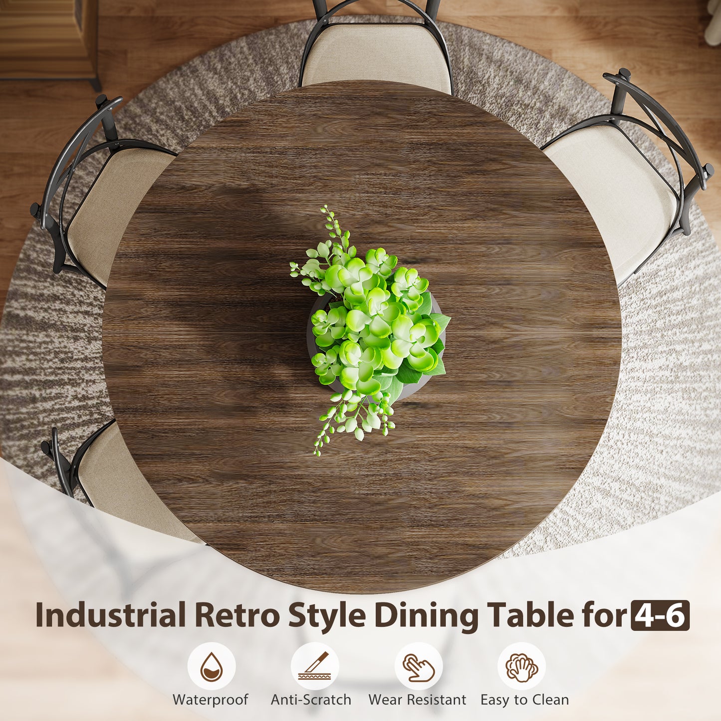 47-Inch Round Industrial Dining Table with Storage Shelf for Dining Room, 4-6 People Circle Kitchen Dinner Tables with Wood Top and Metal Frame for Living Room, Dinner Room, Black Brown Walnut