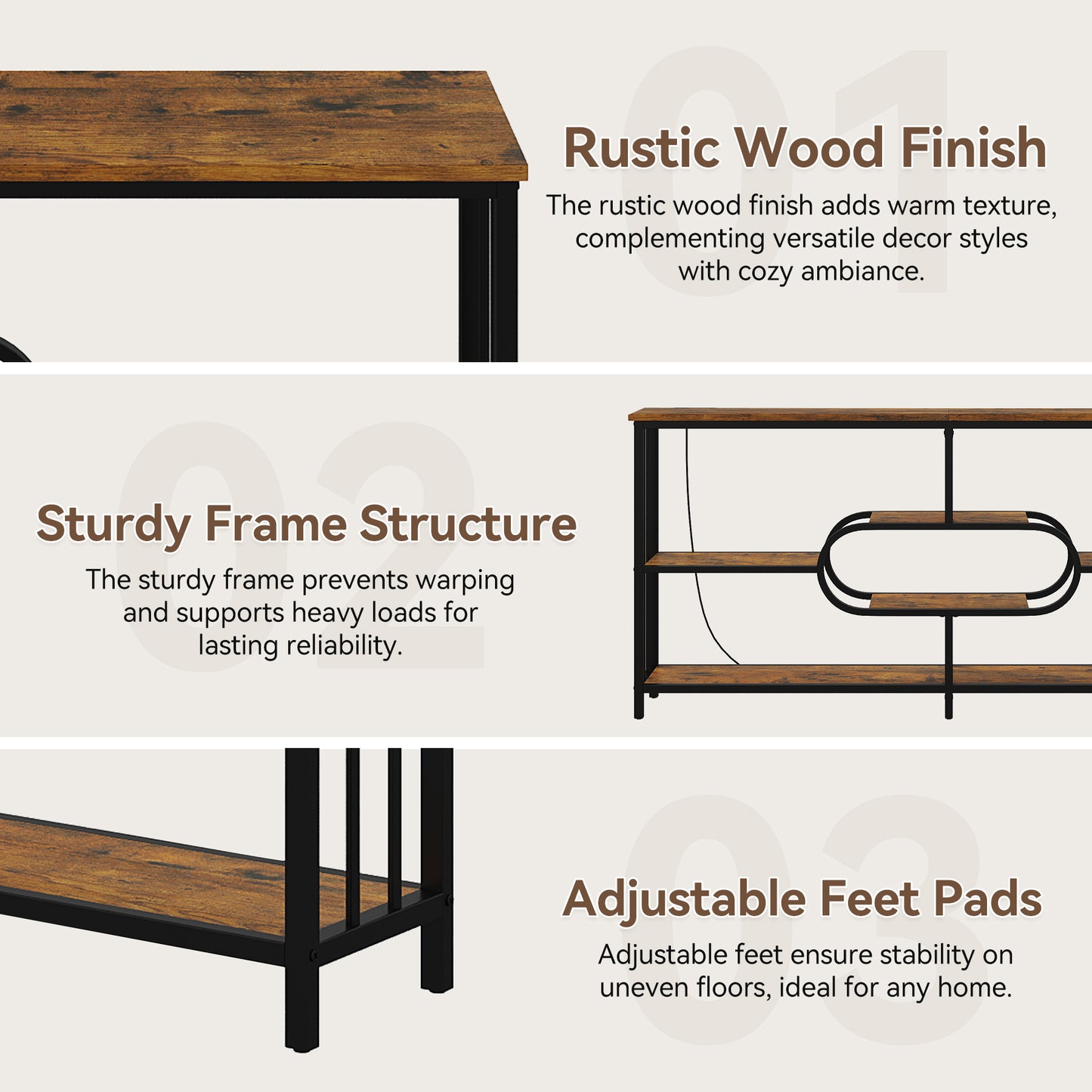 70.9-Inch Industrial Console Table with 3-Tier Shelves and Power Outlet for Living Room Entryway, Long Sofa Table with Metal Frame and Storage Shelf for Hallway Behind Couch, Rustic Brown