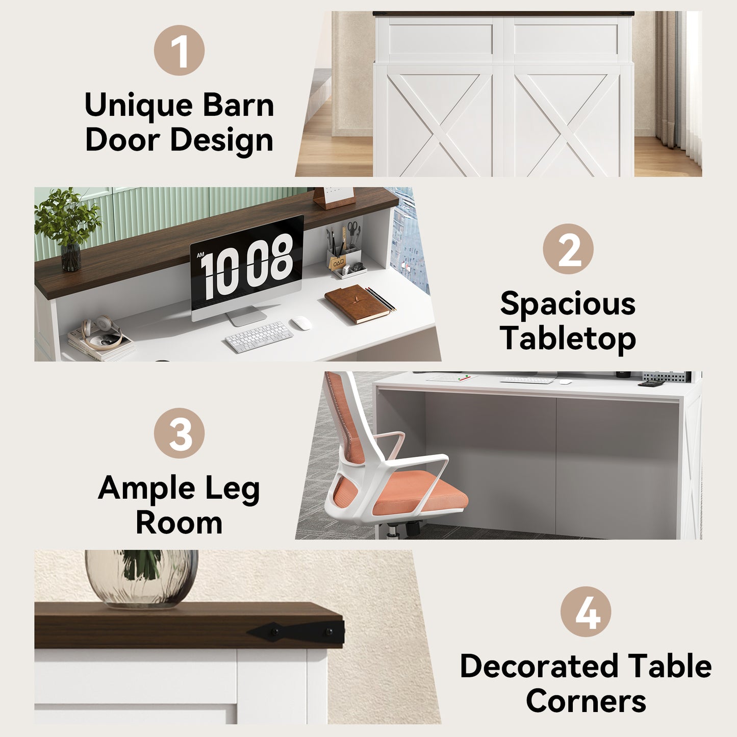 47-Inch Reception Desk with Counter, Modern Front Desk Reception Room Table, Unique Barn Door Home Design Office Receptions Desks Retail Counter for Checkout, Lobby, Beauty Salon, White