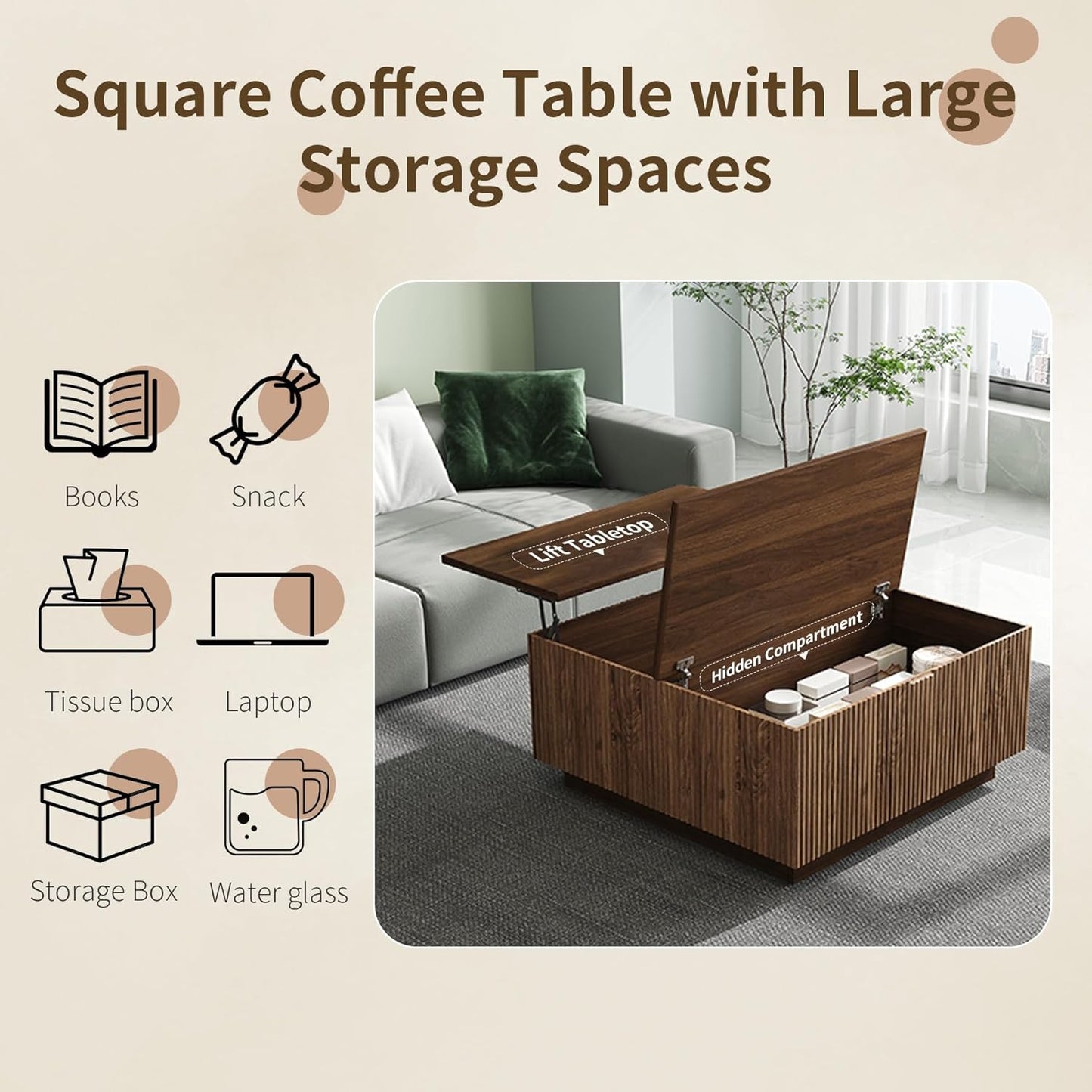 Lift Top Square Wood Coffee Table with Hidden Storage Compartment for Living Room, 31-Inch Farmhouse Fluted Center Tea Table with Wooden Lift-Top for Home, Apartment, Small Space, Brown Walnut
