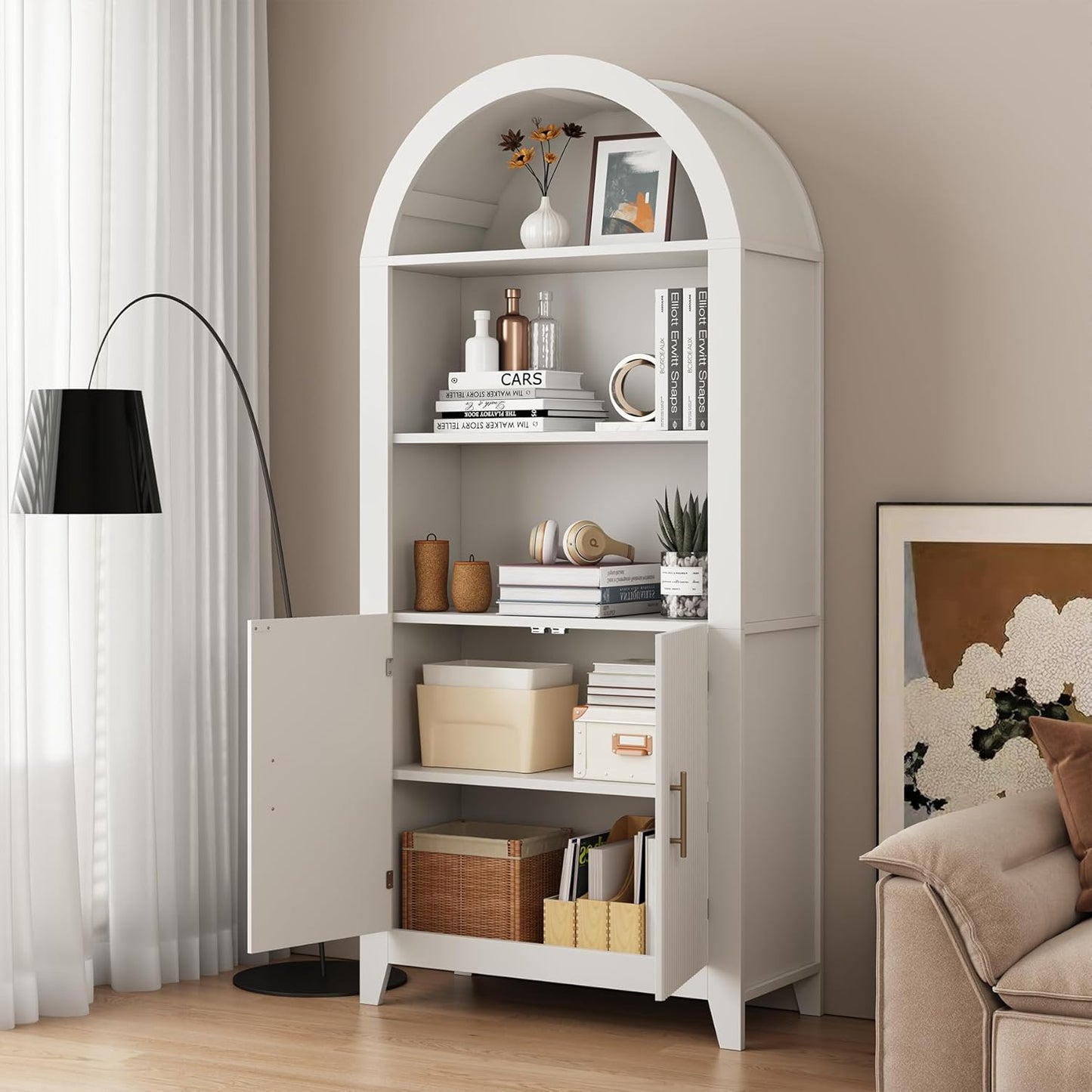 69-Inch Arched Bookcase with Fluted Doors and Open Storage Shelves for Living Room, Modern 5-Tier Tall Bookshelf Floor Standing Display Unit with Storage Cabinet for Home Office, Study, White