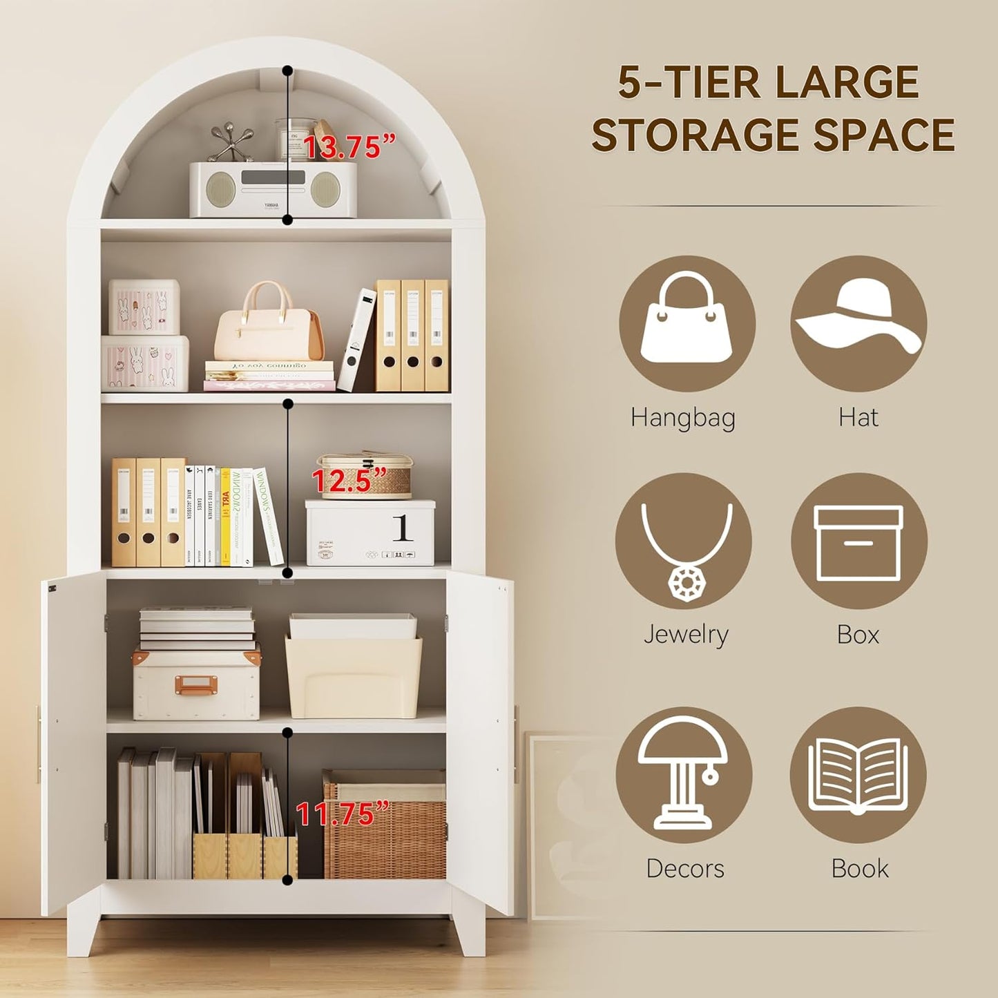 69-Inch Arched Bookcase with Fluted Doors and Open Storage Shelves for Living Room, Modern 5-Tier Tall Bookshelf Floor Standing Display Unit with Storage Cabinet for Home Office, Study, White