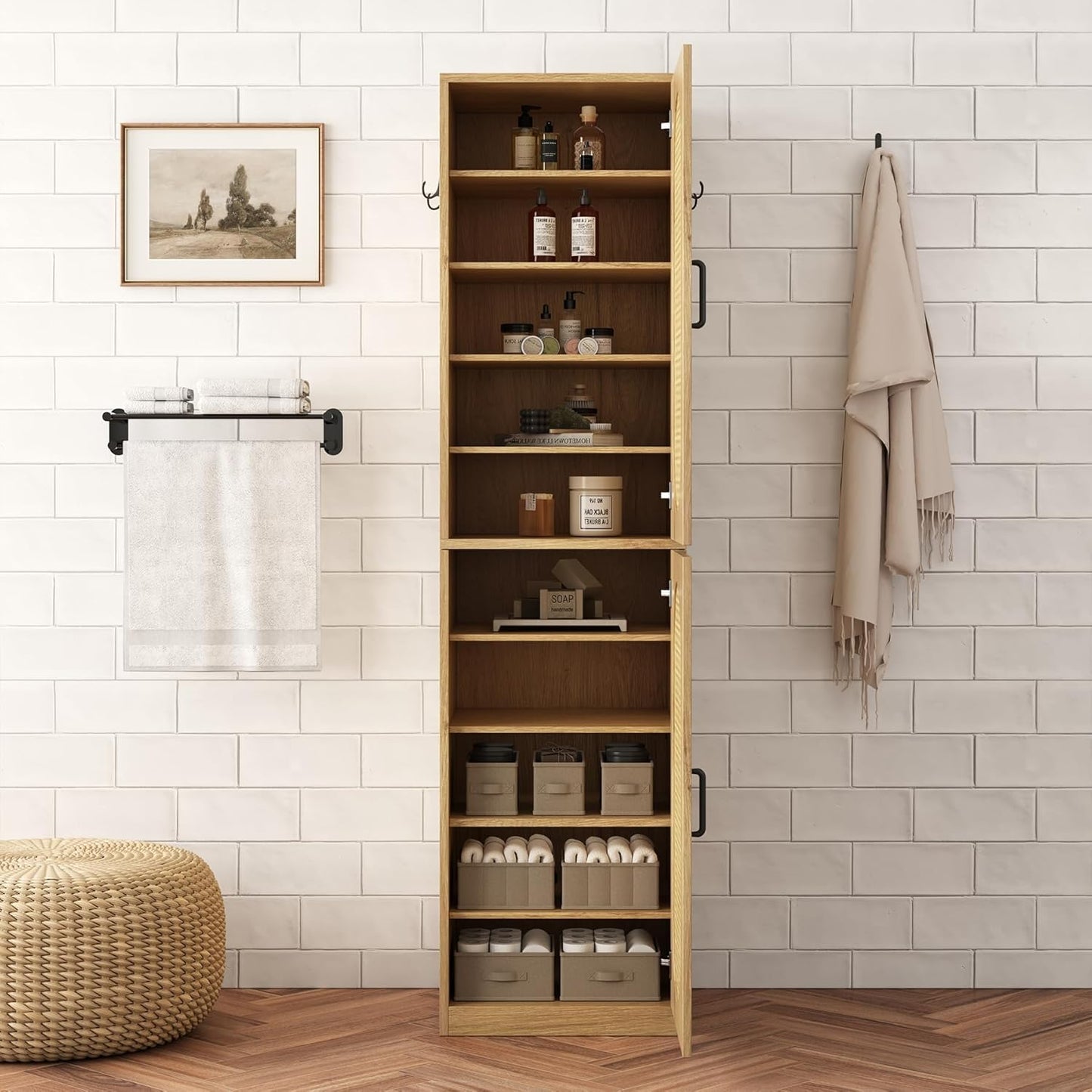 66-Inch Bathroom Storage Cabinet with Rattan Doors for Toilet, Tall Narrow Bath Room Organizer Space-Saving Floor Cabinets with Adjustable Shelves and 4 Hooks for Restroom, Small Spaces, Brown