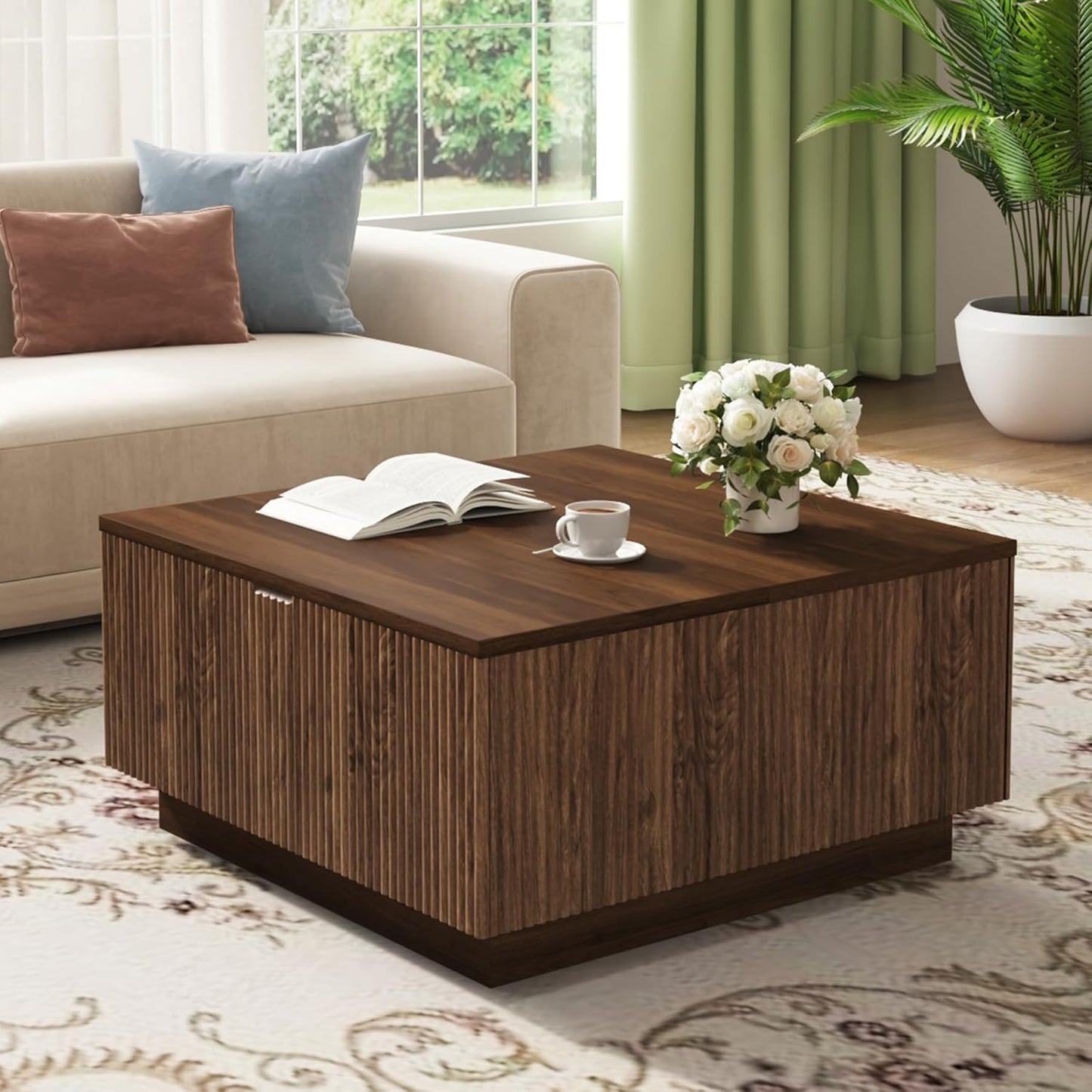 Lift Top Square Wood Coffee Table with Hidden Storage Compartment for Living Room, 31-Inch Farmhouse Fluted Center Tea Table with Wooden Lift-Top for Home, Apartment, Small Space, Brown Walnut