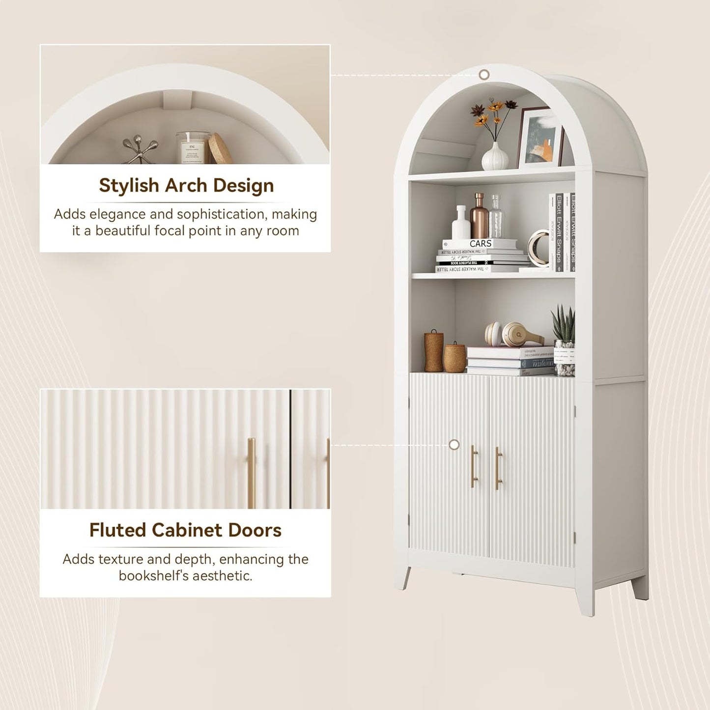 69-Inch Arched Bookcase with Fluted Doors and Open Storage Shelves for Living Room, Modern 5-Tier Tall Bookshelf Floor Standing Display Unit with Storage Cabinet for Home Office, Study, White