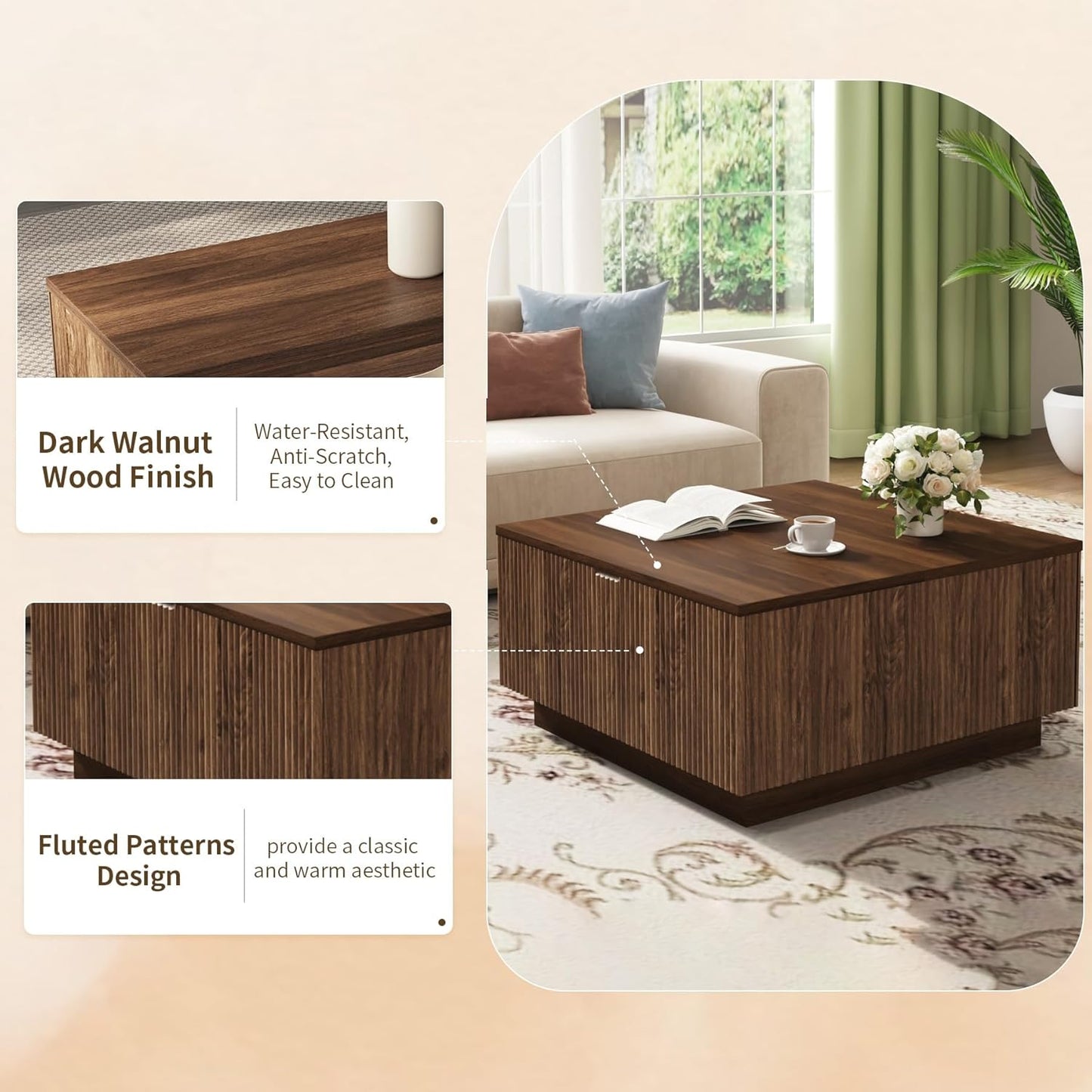 Lift Top Square Wood Coffee Table with Hidden Storage Compartment for Living Room, 31-Inch Farmhouse Fluted Center Tea Table with Wooden Lift-Top for Home, Apartment, Small Space, Brown Walnut