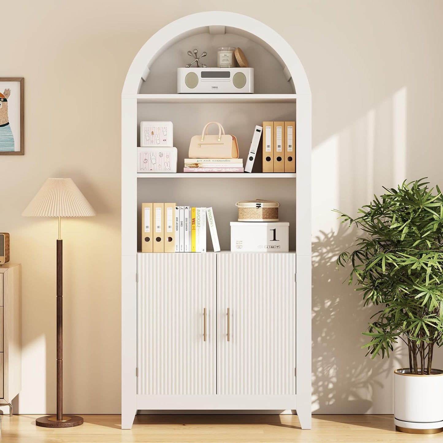 69-Inch Arched Bookcase with Fluted Doors and Open Storage Shelves for Living Room, Modern 5-Tier Tall Bookshelf Floor Standing Display Unit with Storage Cabinet for Home Office, Study, White