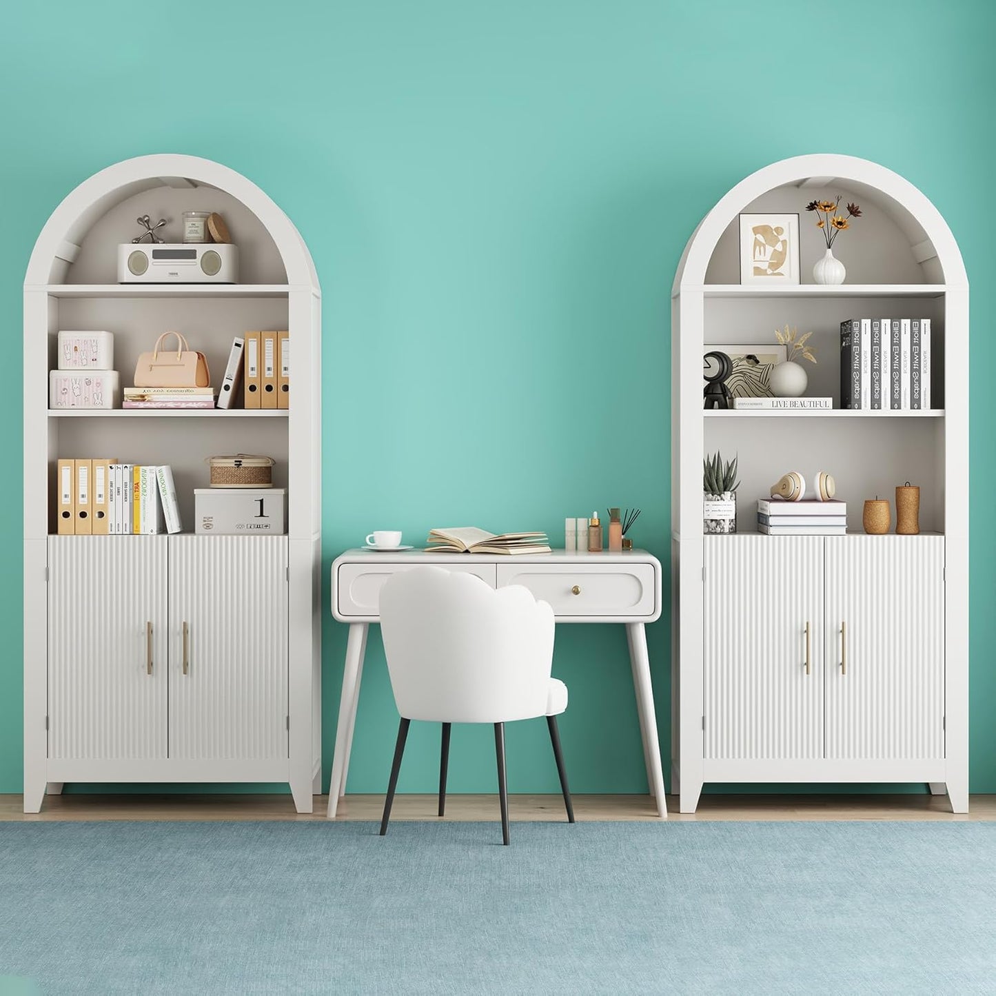 69-Inch Arched Bookcase with Fluted Doors and Open Storage Shelves for Living Room, Modern 5-Tier Tall Bookshelf Floor Standing Display Unit with Storage Cabinet for Home Office, Study, White