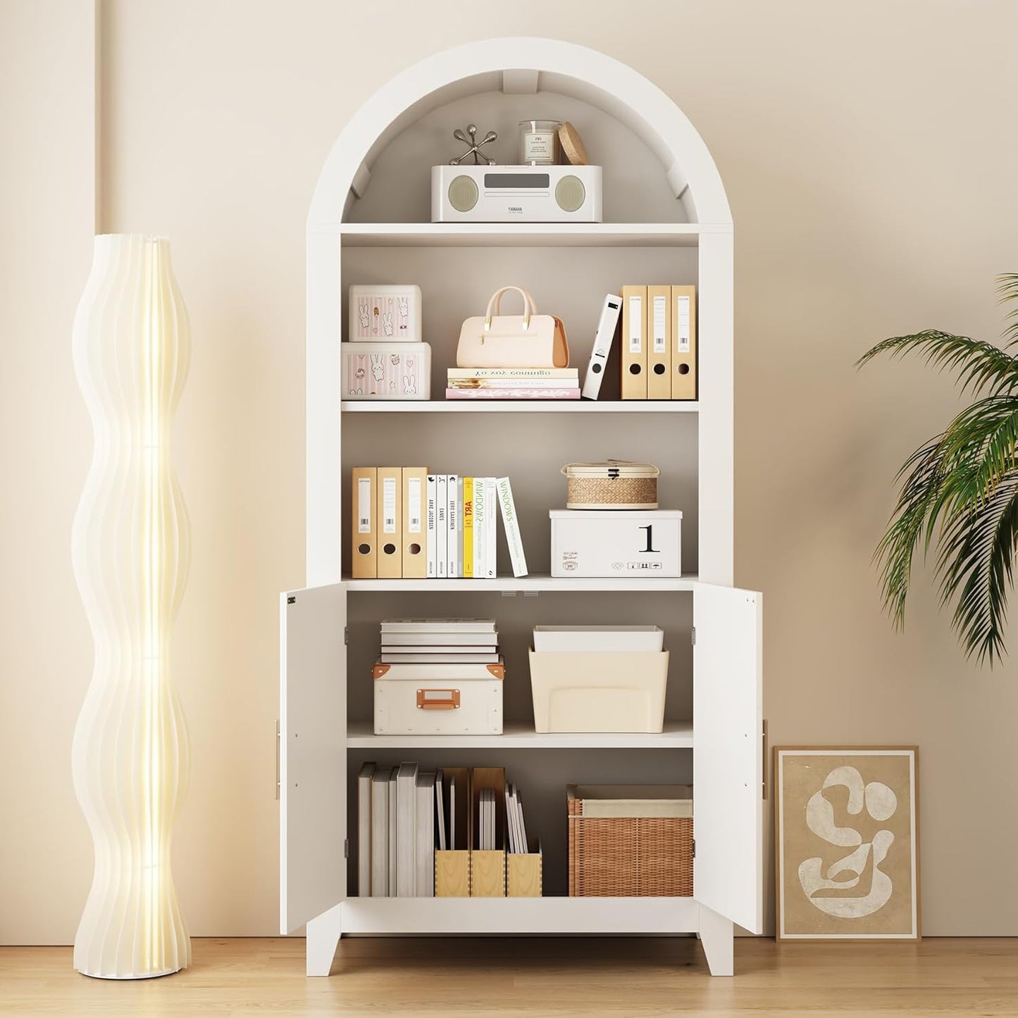 69-Inch Arched Bookcase with Fluted Doors and Open Storage Shelves for Living Room, Modern 5-Tier Tall Bookshelf Floor Standing Display Unit with Storage Cabinet for Home Office, Study, White