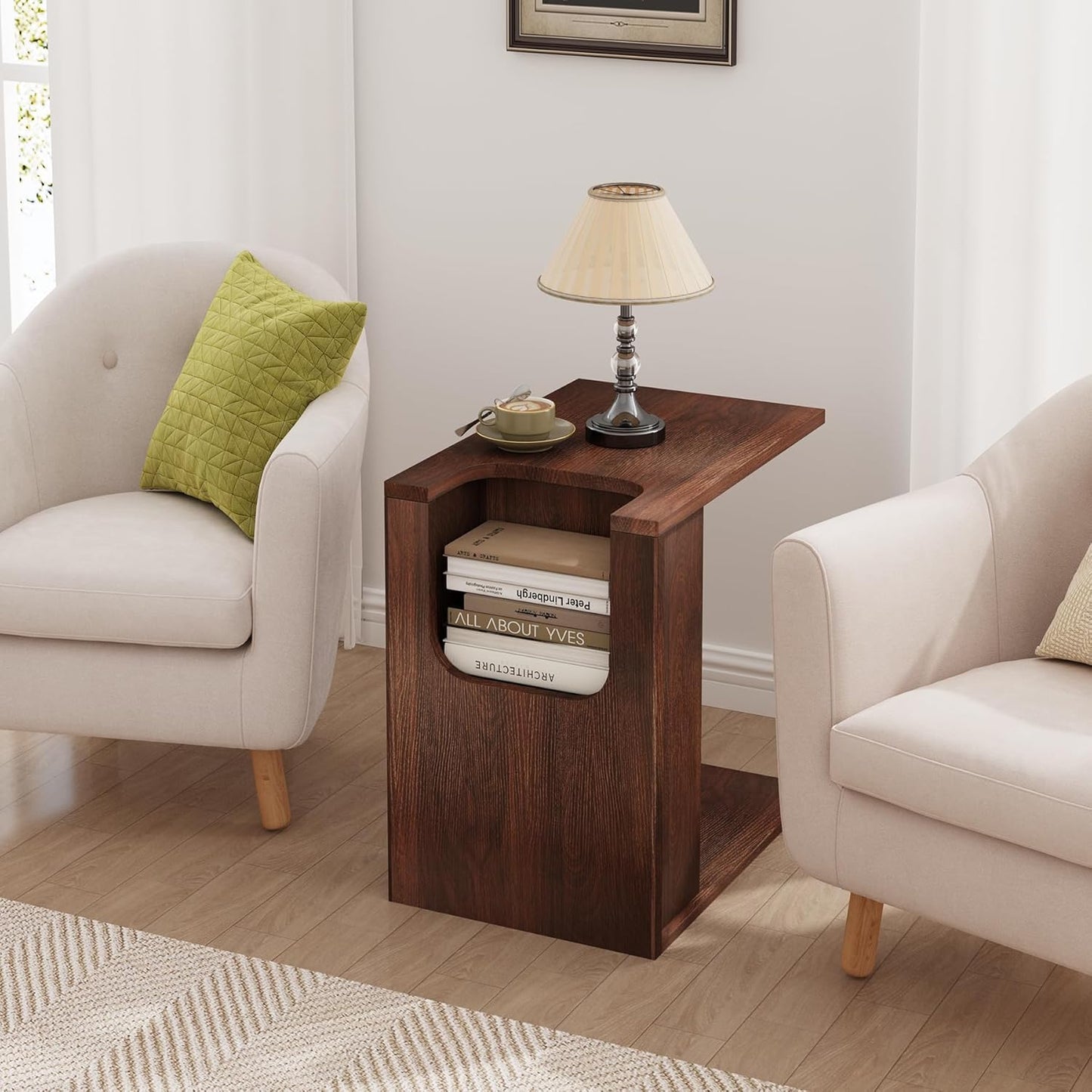 23-Inch C-Shaped End Table with Storage for Couch, Farmhouse Wood Sofa Side Tables, Small Narrow Nightstand with Open Shelf for Living Room, Small Spaces, Bedside, Bedroom, Dark Brown Walnut