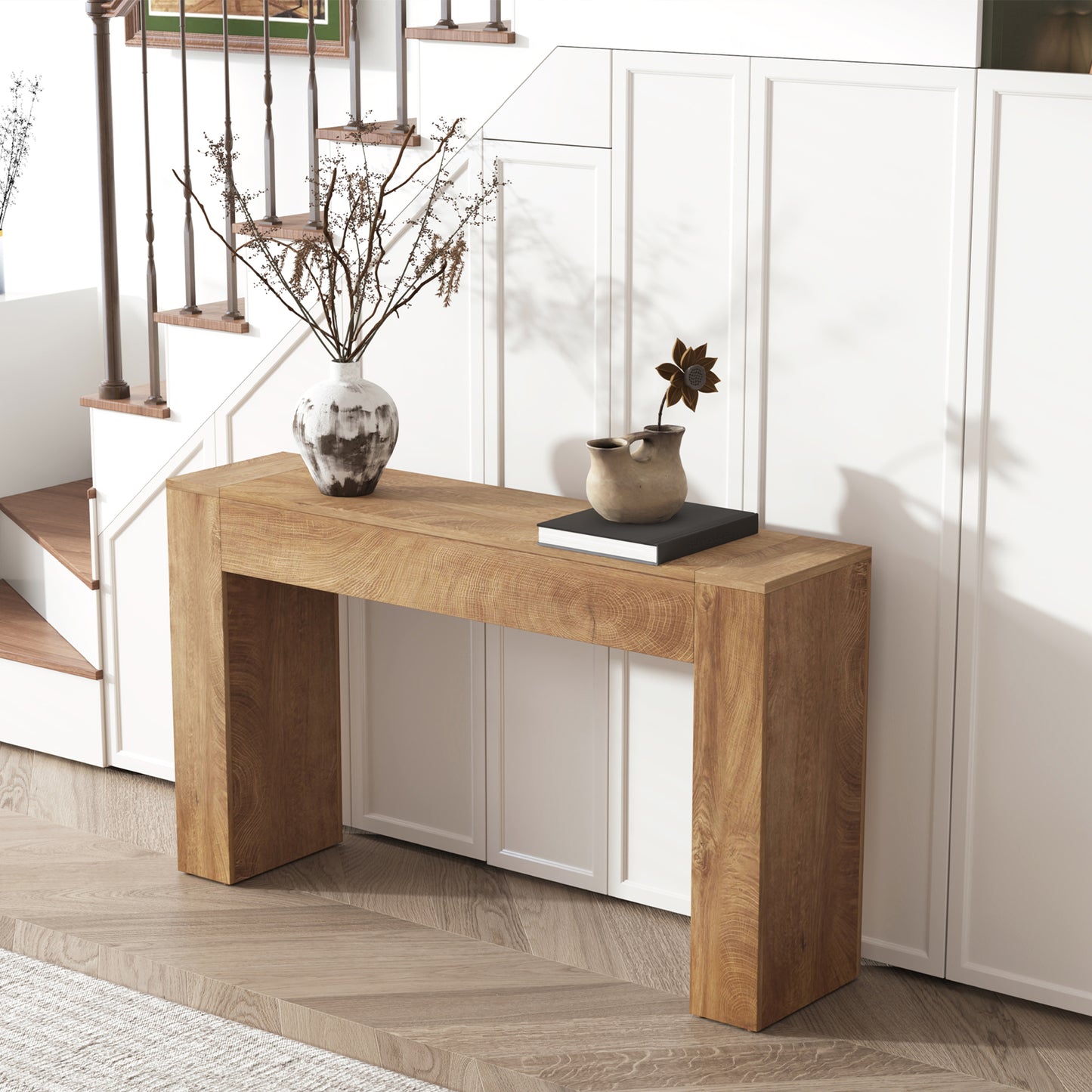 Wood Console Table for Entryway Living Room, 43-Inch Small Sofa Table, Farmhouse Rectangular Accent Console with Wooden Double Base for Behind Couch Hallway Foyer Entrance, Light Oak Brown
