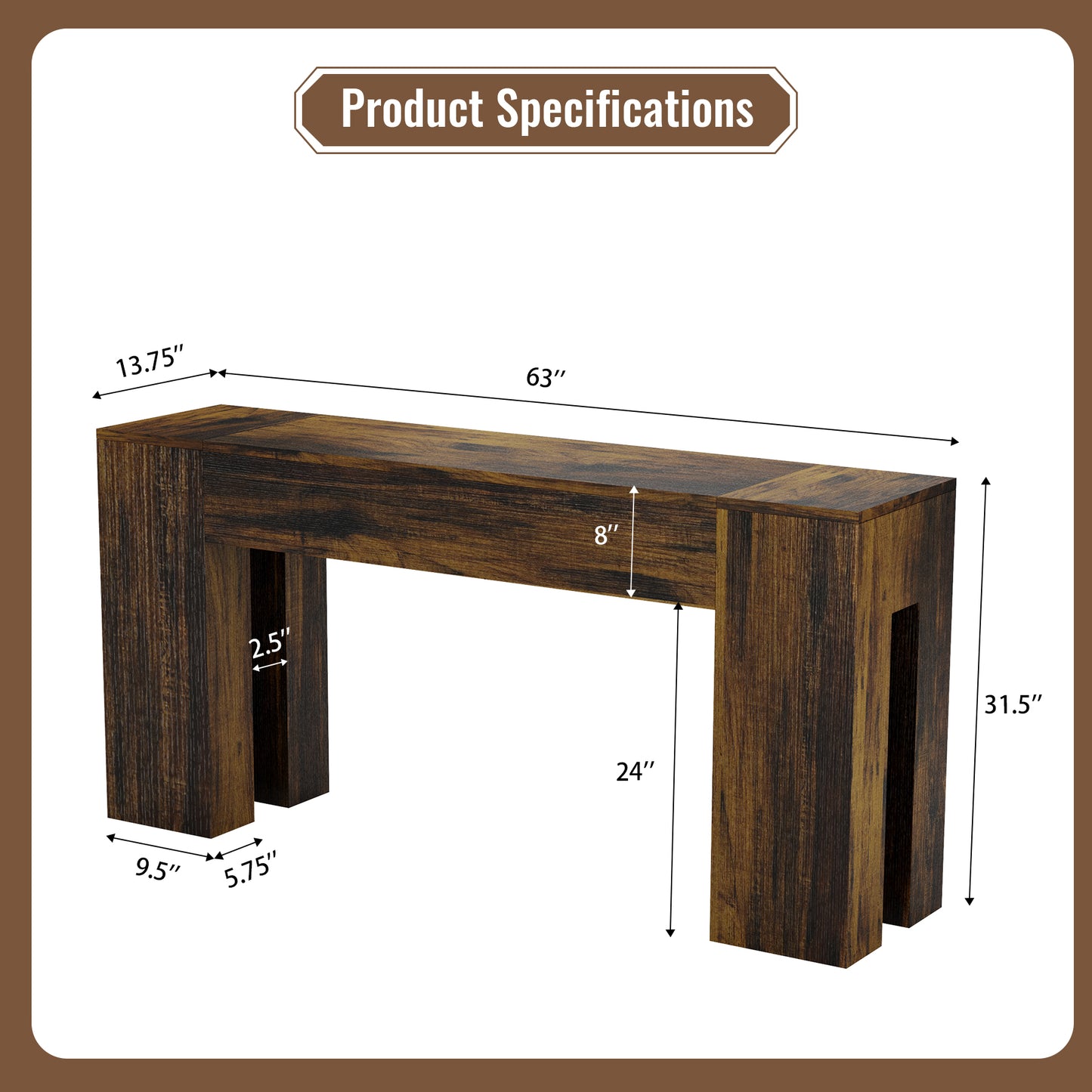 Epecoya Long Sofa Console Table for Entryway Living Room, 63-Inch Farmhouse Wood Behind Couch Table, Rectangular Accent Console with Wooden Double Base for Hallway Foyer Entrance, Rustic Brown