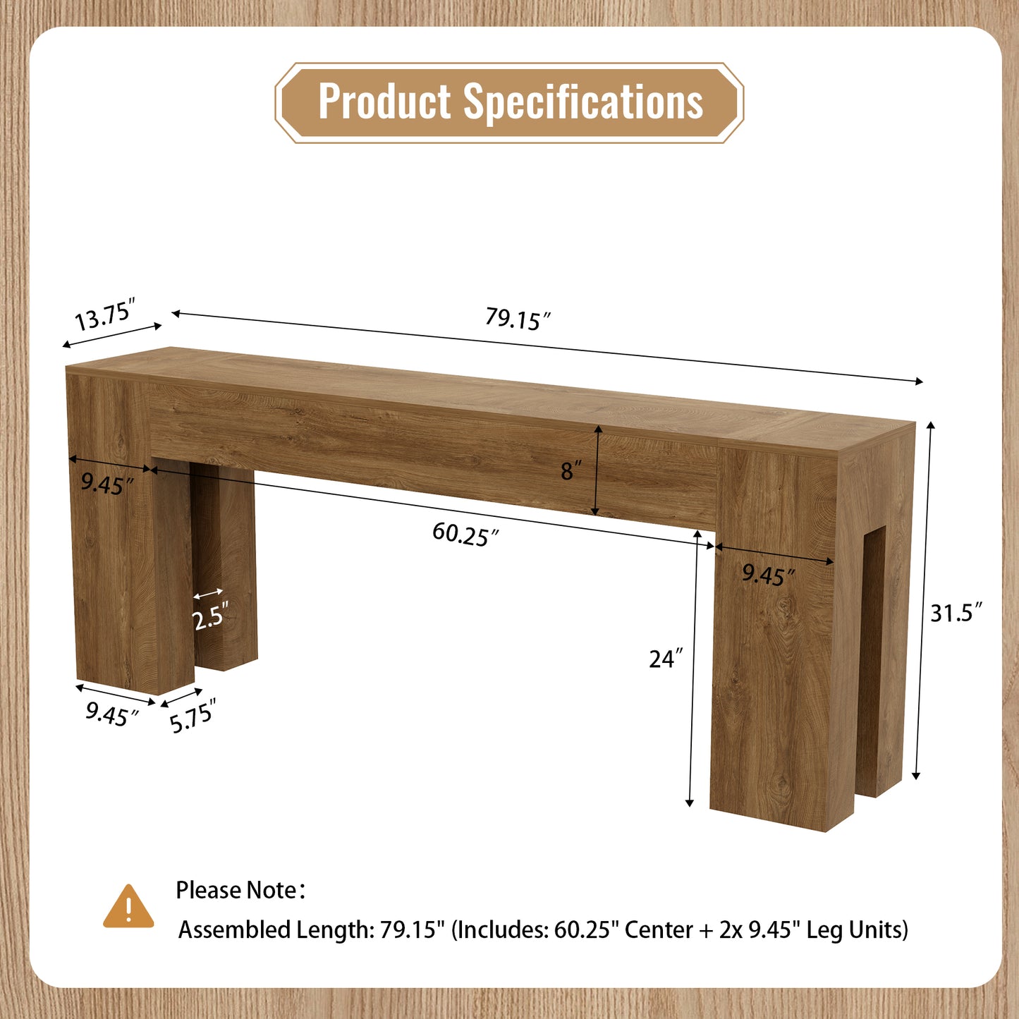 Extra Long Sofa Console Table for Entryway Living Room, 80-Inch Farmhouse Wood Behind Couch Table, Rectangular Accent Console with Wooden Double Base for Hallway Foyer Entrance, Natural Oak Brown