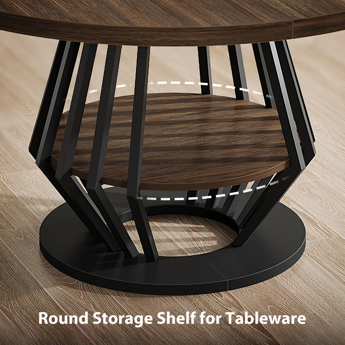 47-Inch Round Industrial Dining Table with Storage Shelf for Dining Room, 4-6 People Circle Kitchen Dinner Tables with Wood Top and Metal Frame for Living Room, Dinner Room, Black Brown Walnut